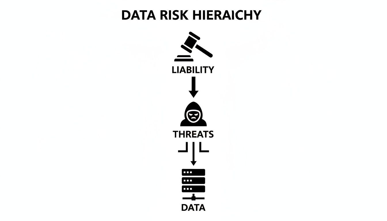 Infographic illustrating data risk hierarchy: legal liability, threats from hackers, and vulnerable data.