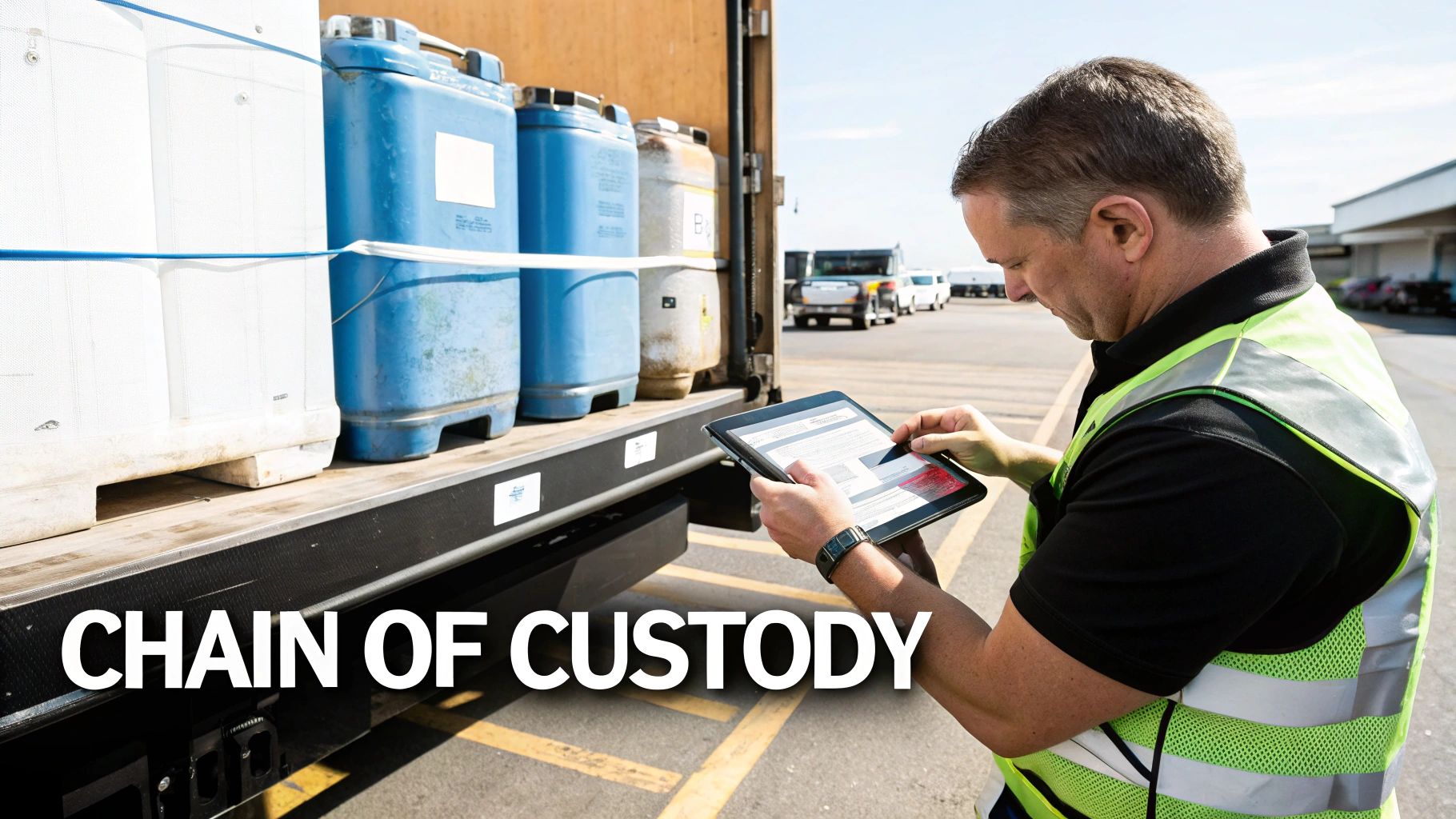 Man in high-visibility vest examining cargo on a truck with a tablet, depicting chain of custody.