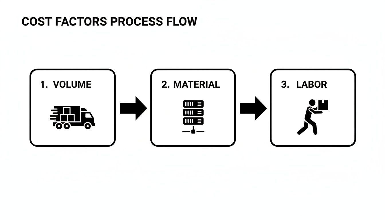 A process flow diagram illustrates cost factors: volume, material, and labor, represented by relevant icons.