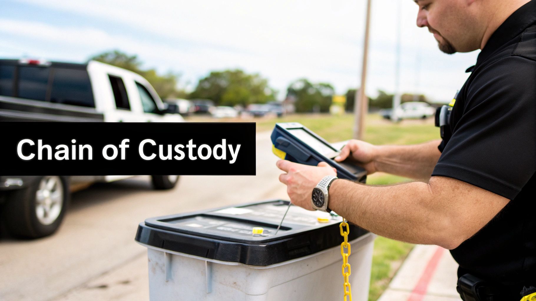 A man uses a scanning device to record items into a secure container, ensuring chain of custody.