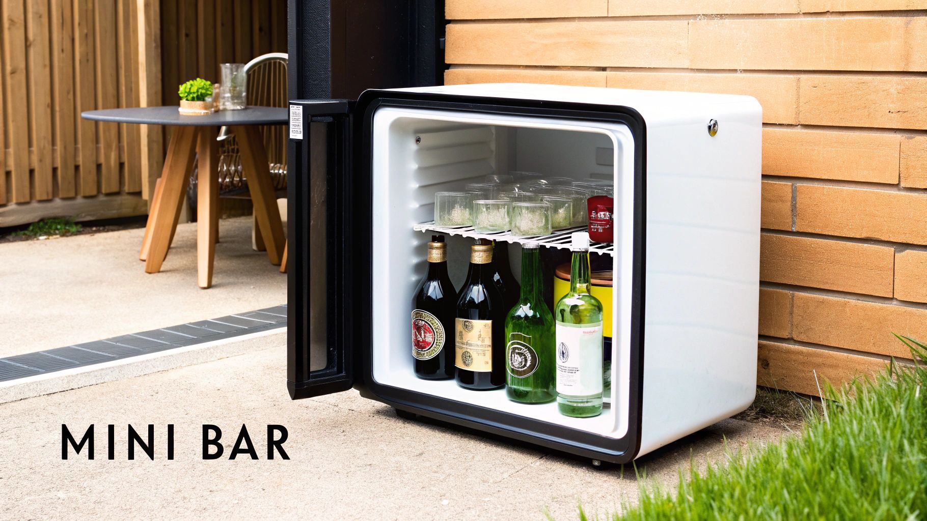 An open white mini-fridge, filled with drinks and glasses, sits on an outdoor patio.