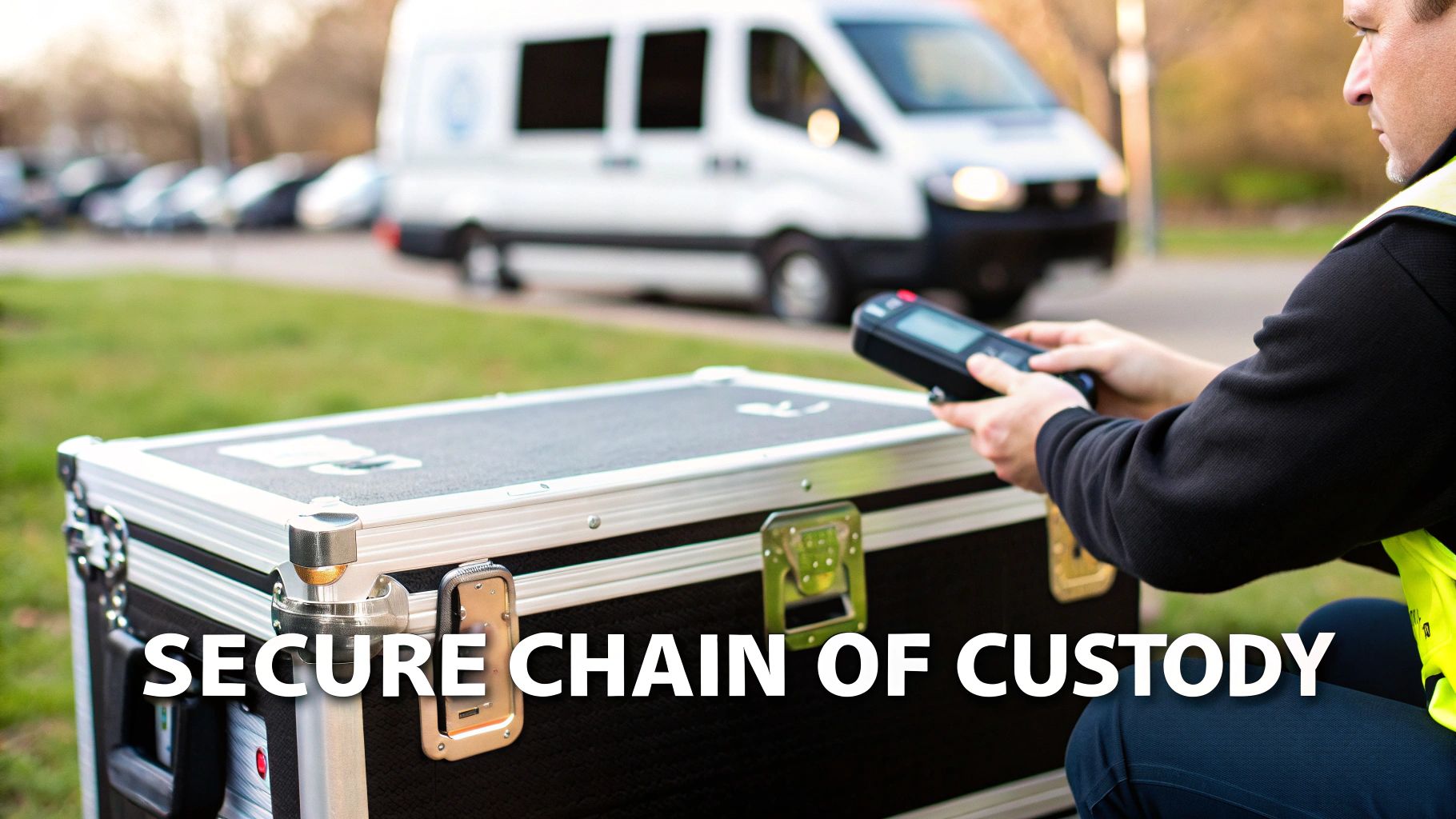 Man scans a secure transport case with a device, ensuring chain of custody for electronics disposal.