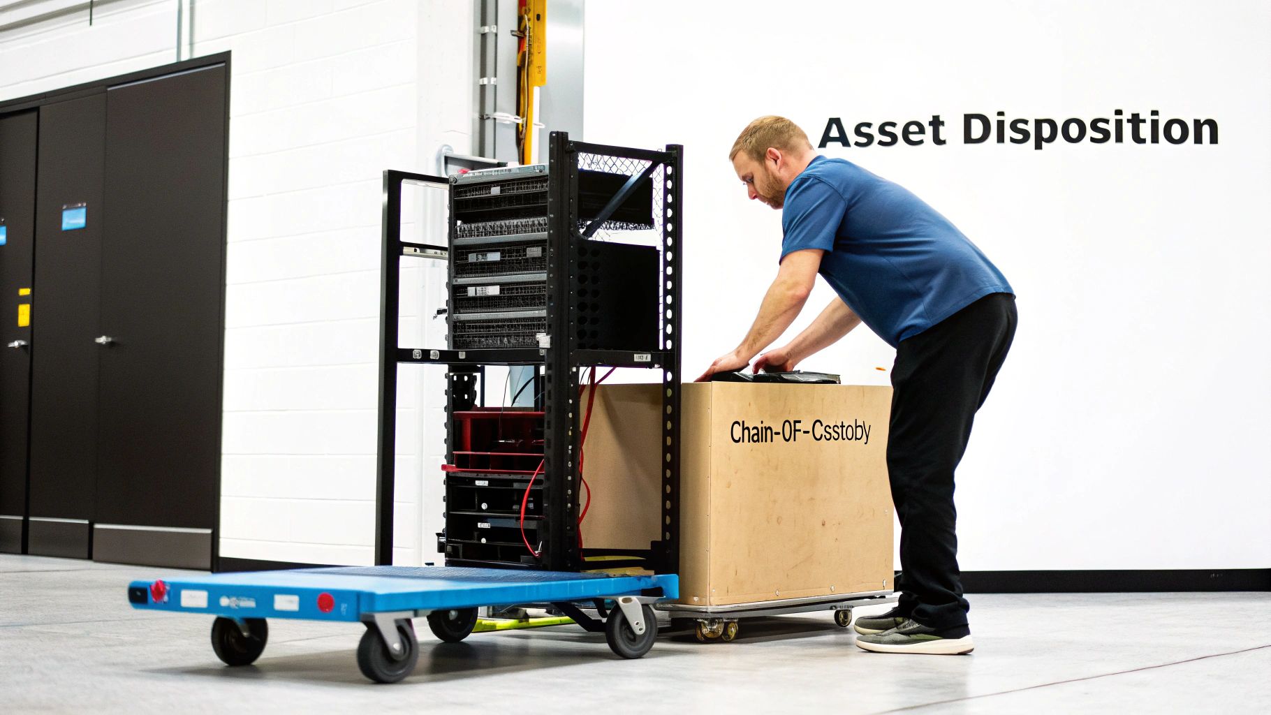A man handles a large wooden box next to server racks, with "Asset Disposition" written on the wall.