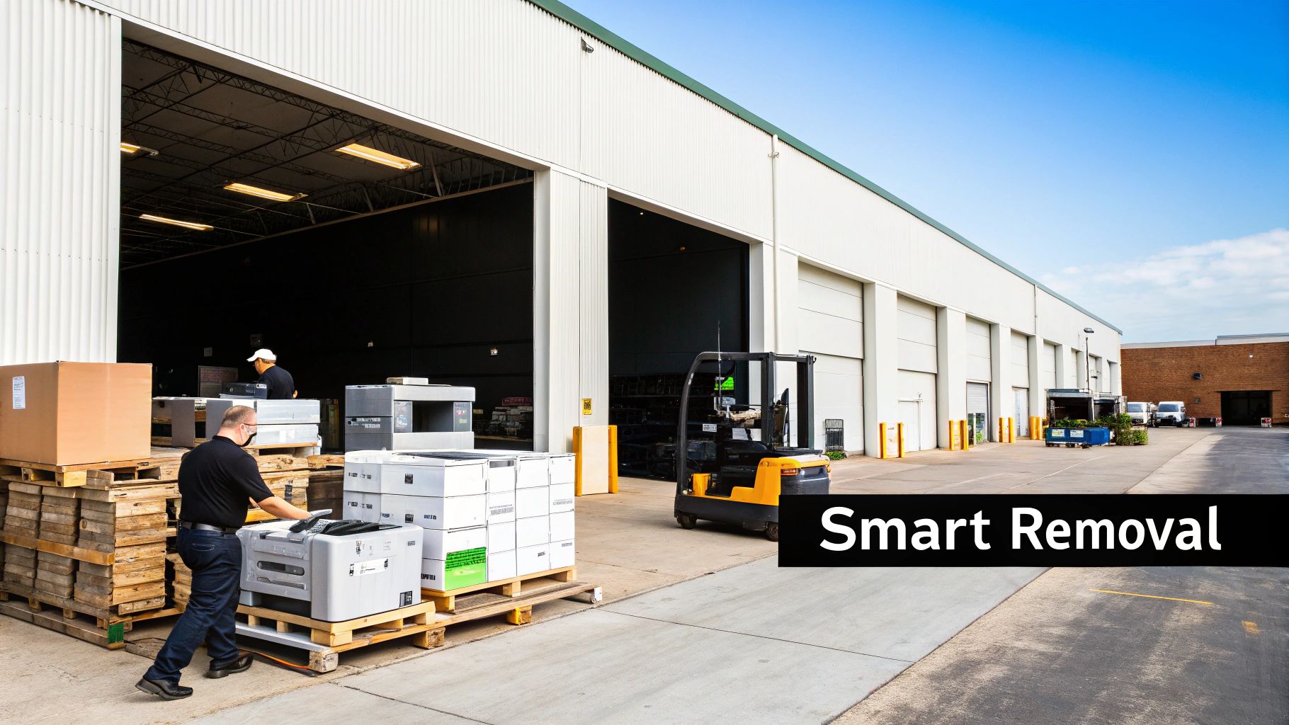 Workers moving office equipment on pallets outside a large warehouse facility with a forklift.