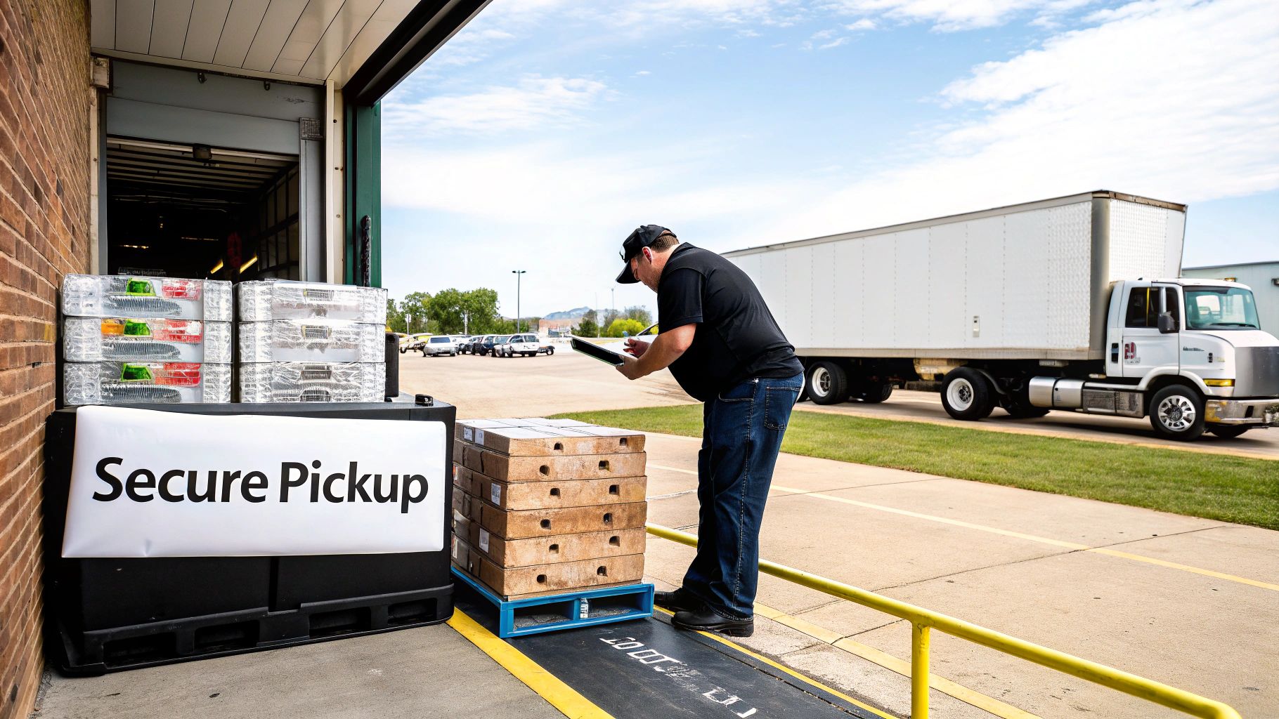 A man checks a pallet of electronics for secure pickup at a warehouse loading dock.