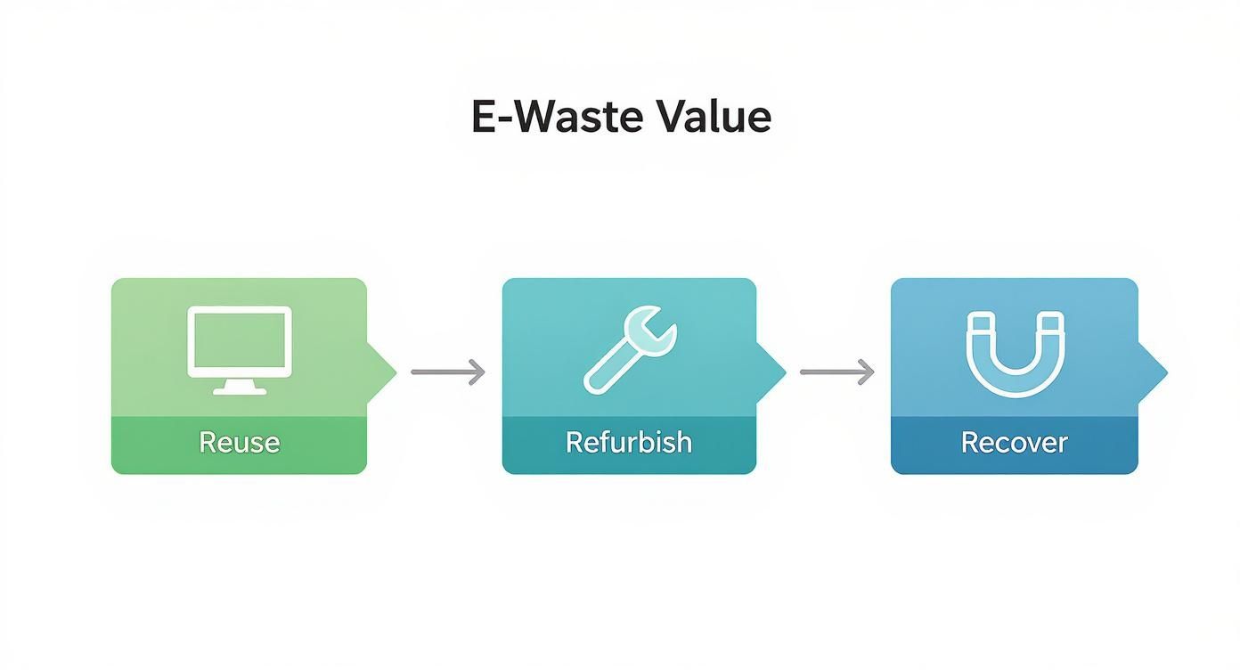 An infographic showing the process flow for e-waste value recovery, starting with Reuse, then Refurbish, and finally Recover, using icons and a clean design.