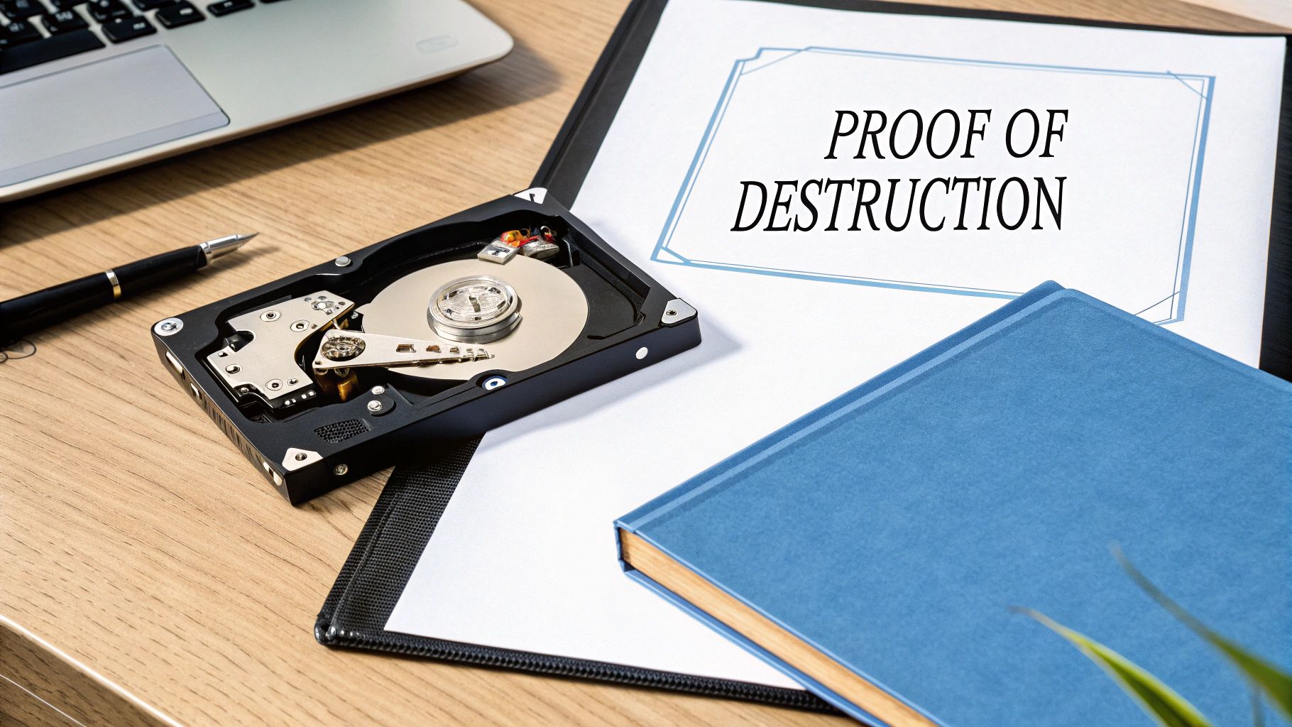 An open hard drive on a wooden desk with a document titled 'PROOF OF DESTRUCTION'.
