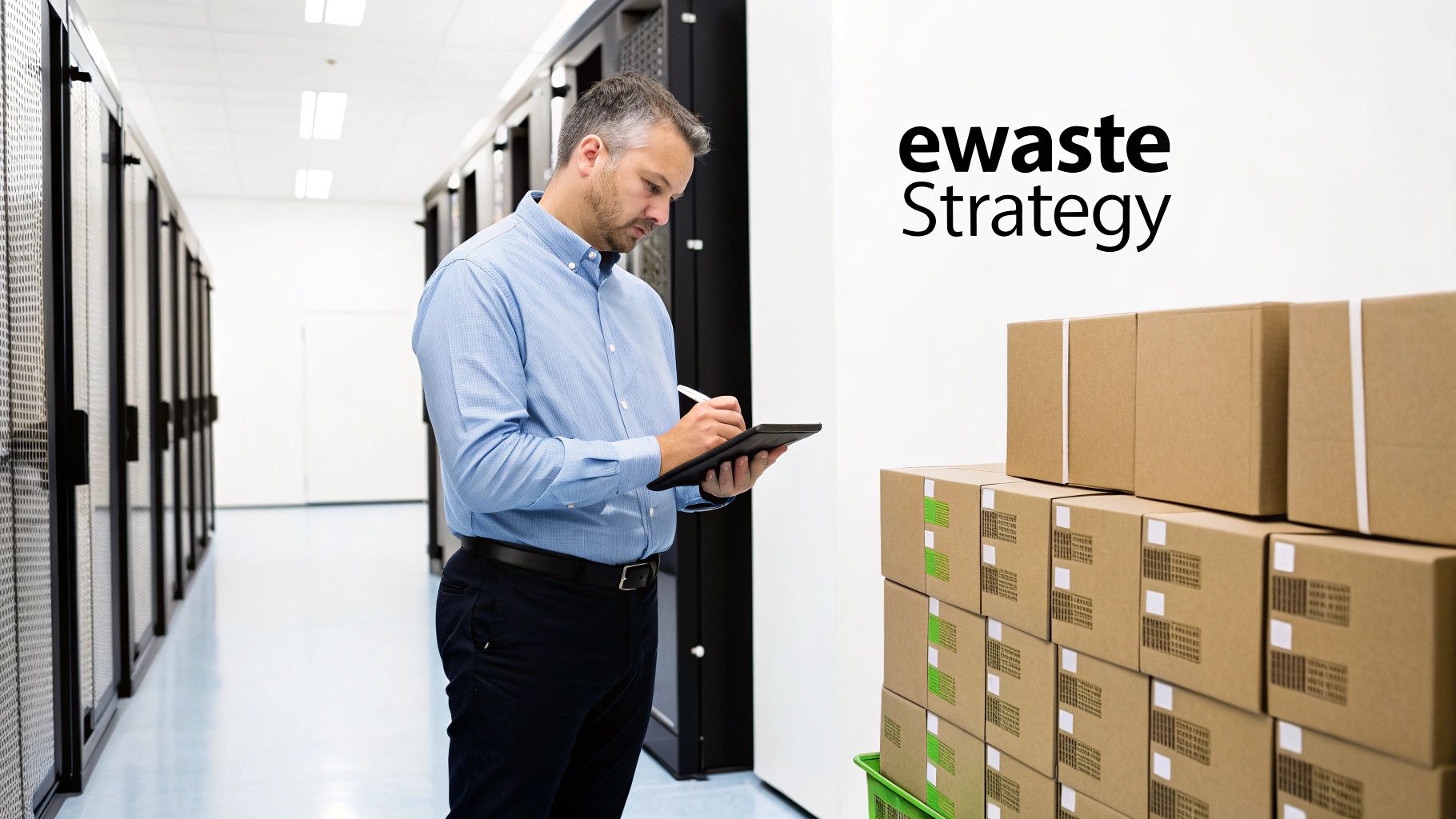 Man in a data center inspecting e-waste boxes with a tablet, highlighting an ewaste strategy.