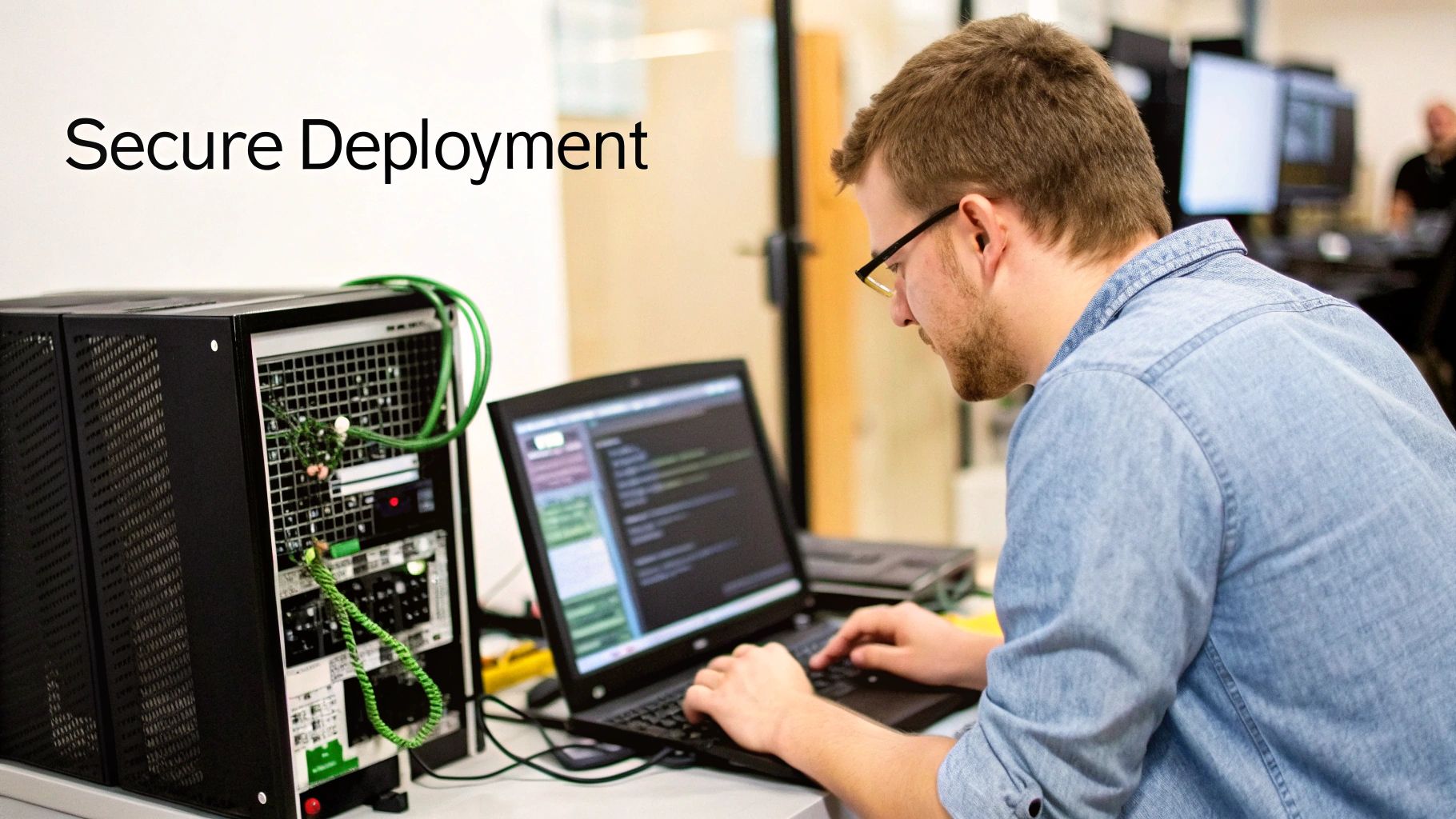 A man in glasses works on a laptop next to a server with green cables, with 'Secure Deployment' text.