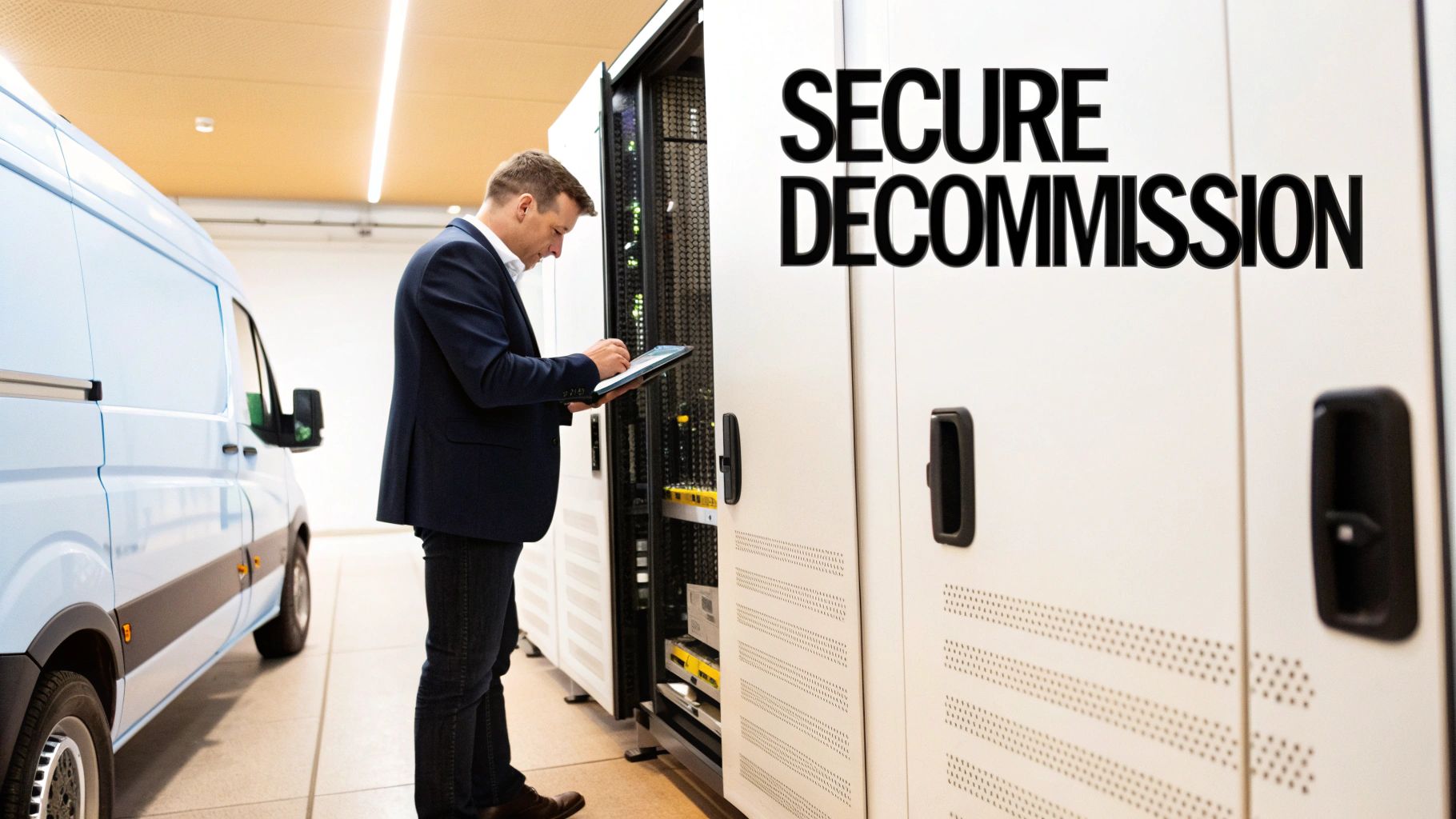 A man reviews server racks with a tablet, preparing for secure data decommissioning alongside a delivery van.