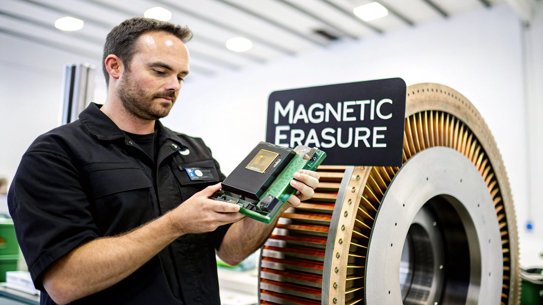 Man in a black shirt holding a hard drive near a "Magnetic Erasure" sign.