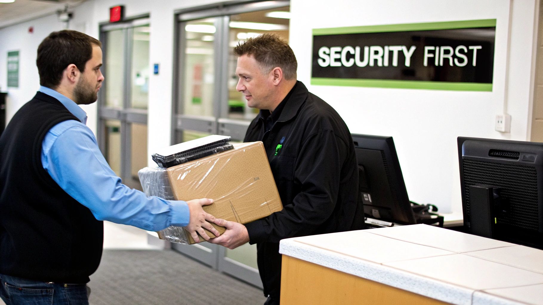 A man in a blue shirt hands a package to a security guard at a 'SECURITY FIRST' checkpoint.