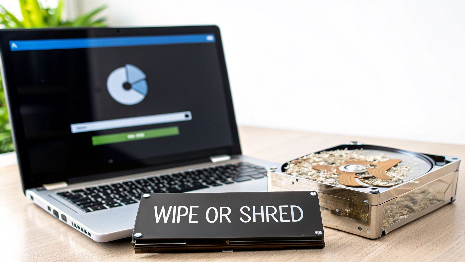 Image depicting secure data disposal methods: wiping a laptop or shredding a hard drive.