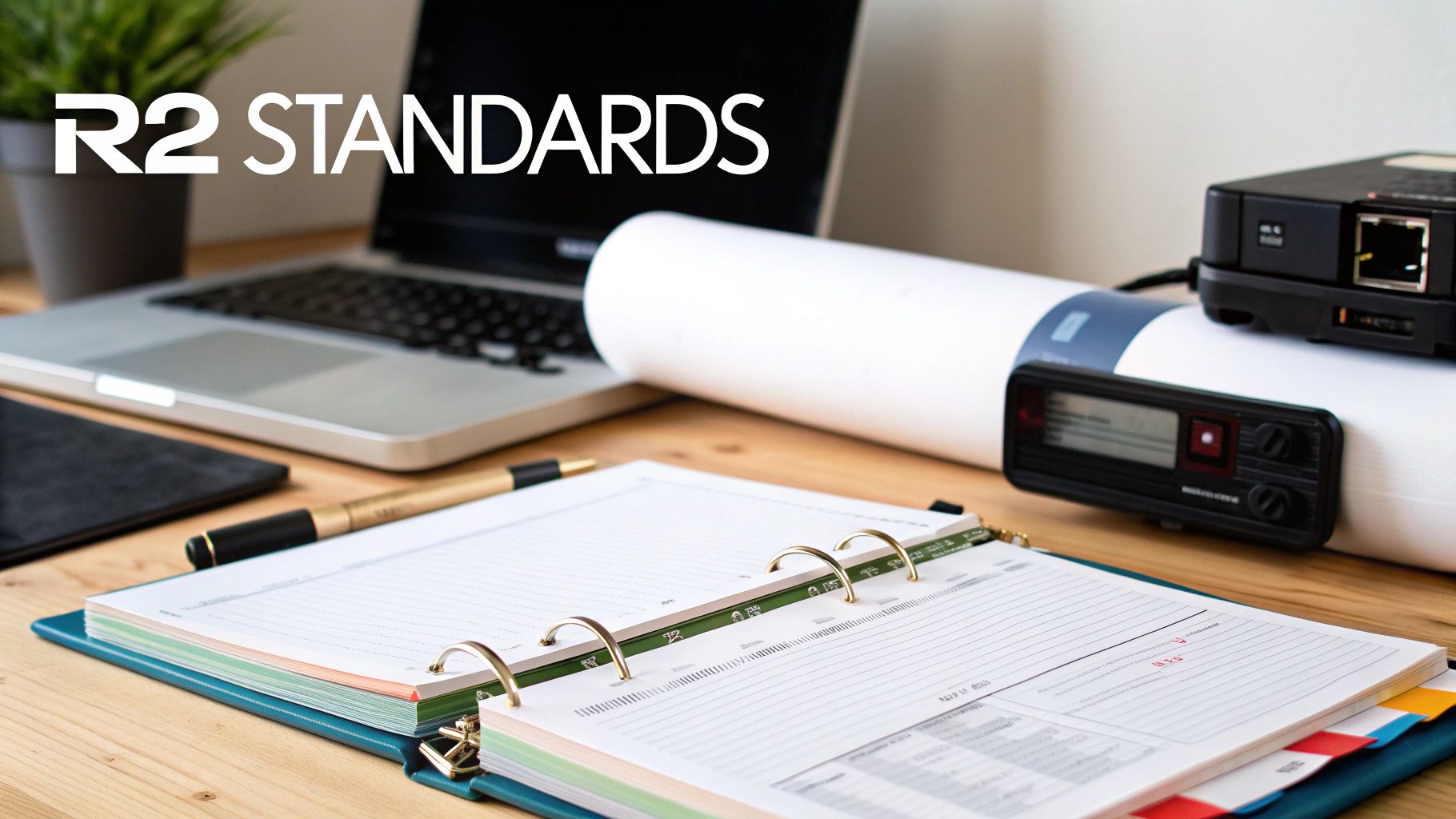 Desk with laptop, plant, and papers, showing 'R2 STANDARDS' text for electronics recycling.