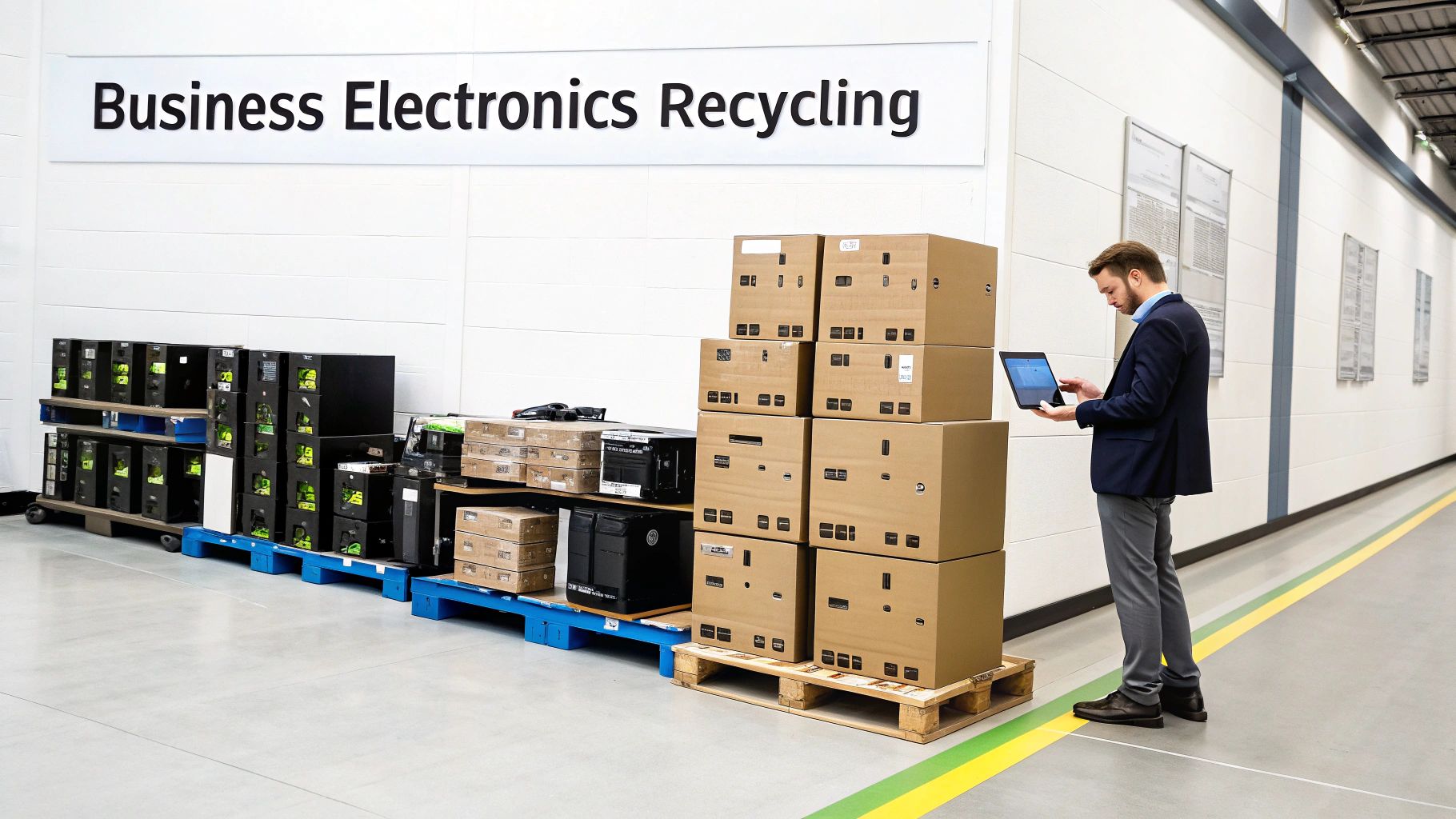 A man reviews electronics recycling inventory on a tablet in a large warehouse facility.