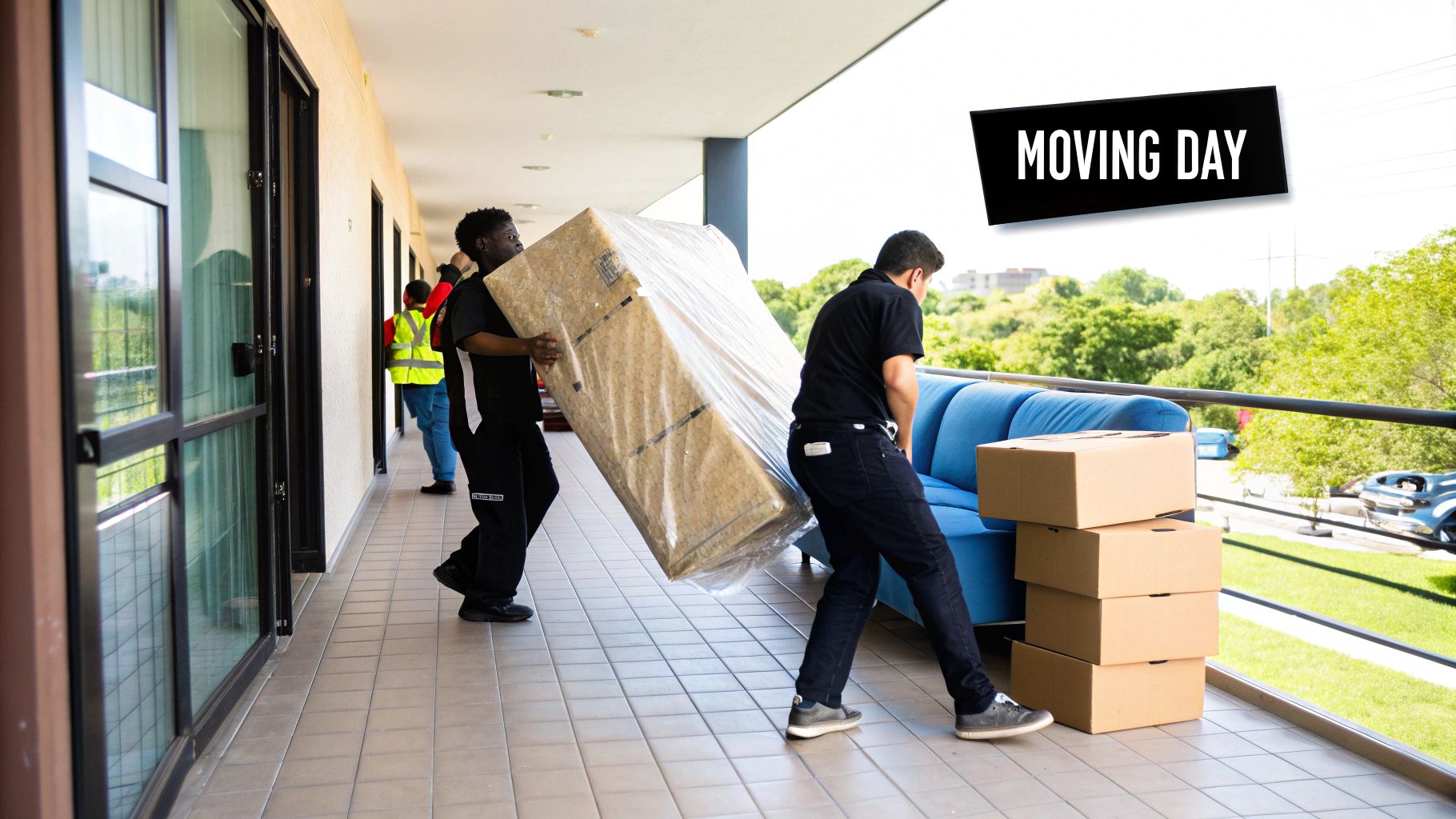 A moving truck parked on a suburban street with movers carrying boxes.