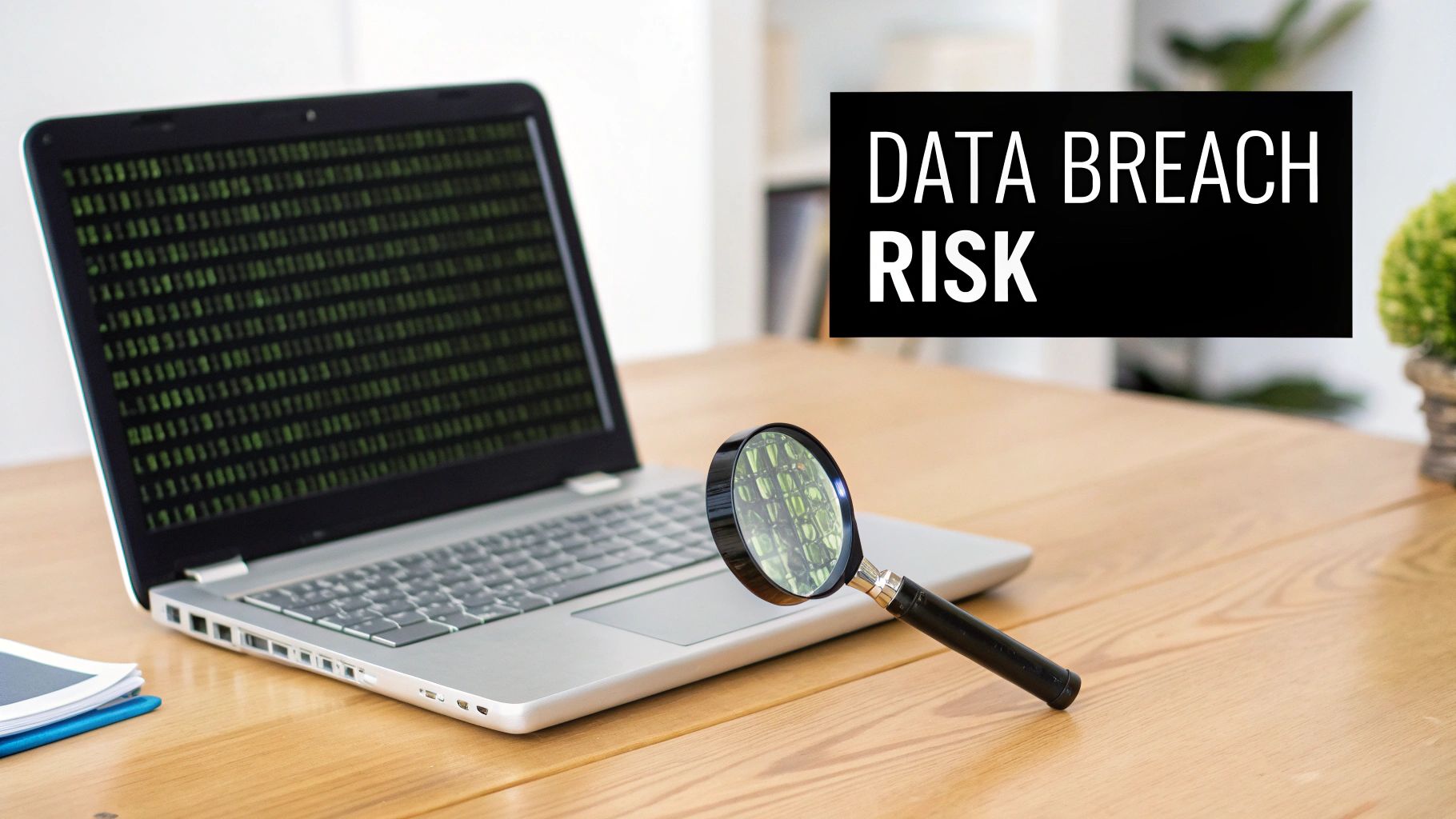 A laptop displaying green binary code, a magnifying glass, and text 'DATA BREACH RISK' highlighting cybersecurity concerns.