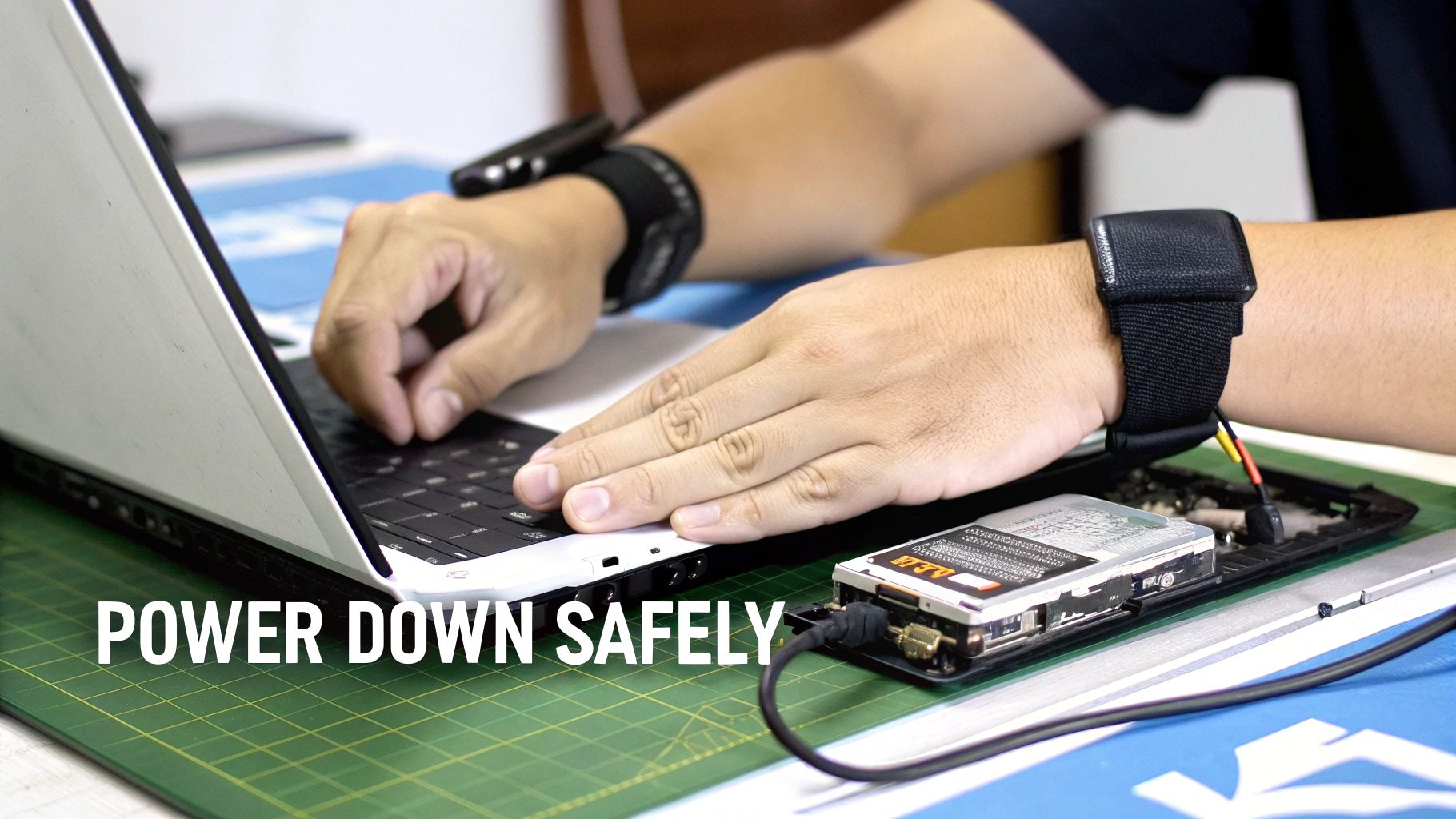 Person safely working on a laptop with an external hard drive, wearing anti-static wrist straps.