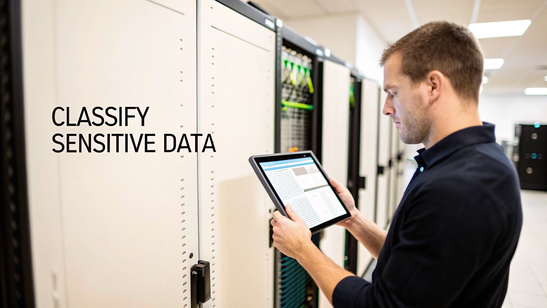 Man in a data center reviews sensitive data classification on a tablet amidst server racks.