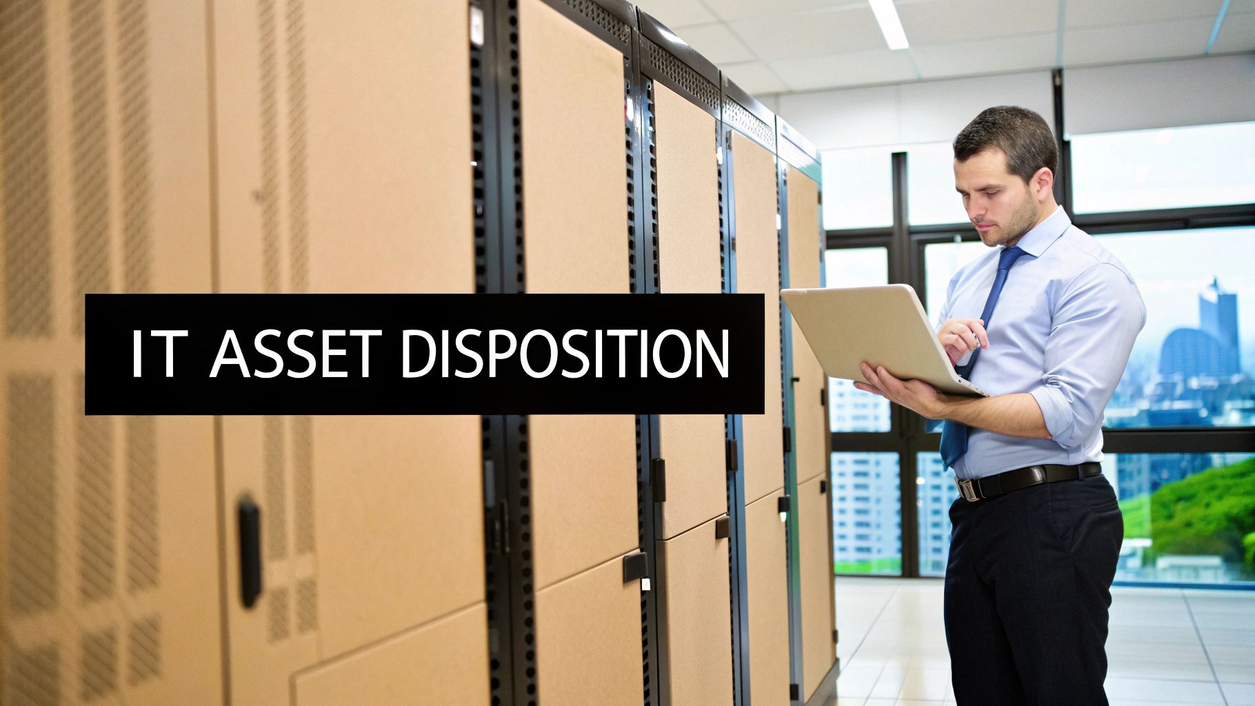 A man in a server room working on a laptop, with 'IT ASSET DISPOSITION' banner.