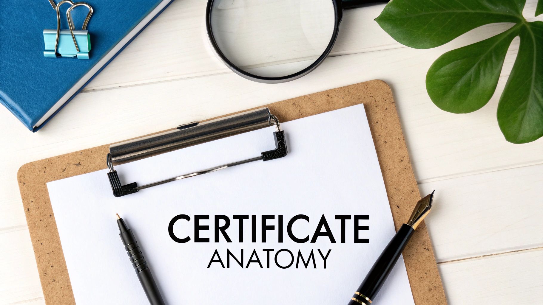 Overhead shot of a clipboard with 'CERTIFICATE ANATOMY' text, alongside a pen, magnifying glass, and a blue notebook.