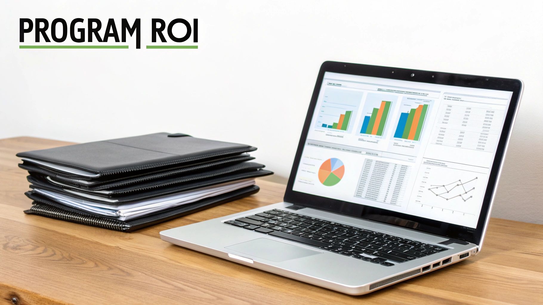 A laptop on a wooden desk displays financial charts next to a stack of binders, with 'PROGRAM ROI' text.