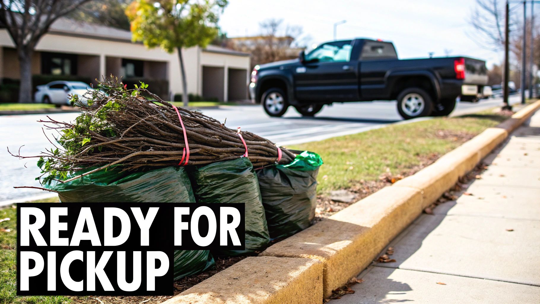 Bundles of trimmed branches and green bags of yard waste on the curb, ready for pickup.