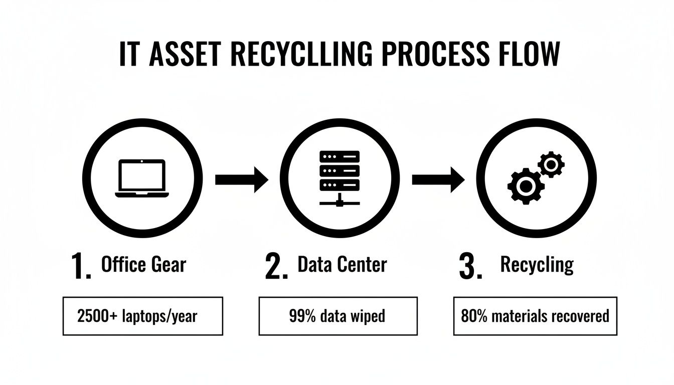 Diagram illustrating the IT asset recycling process flow: Office Gear, Data Center, and Recycling.
