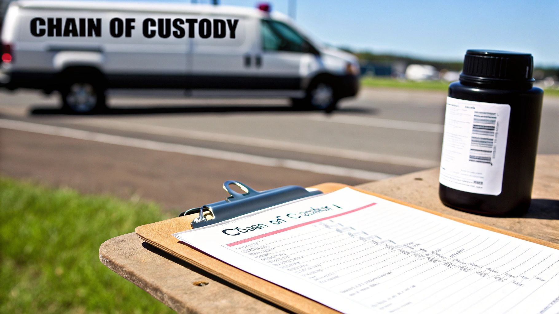 A 'Chain of Custody' van, a clipboard with a form, and a sample bottle in an outdoor setting.