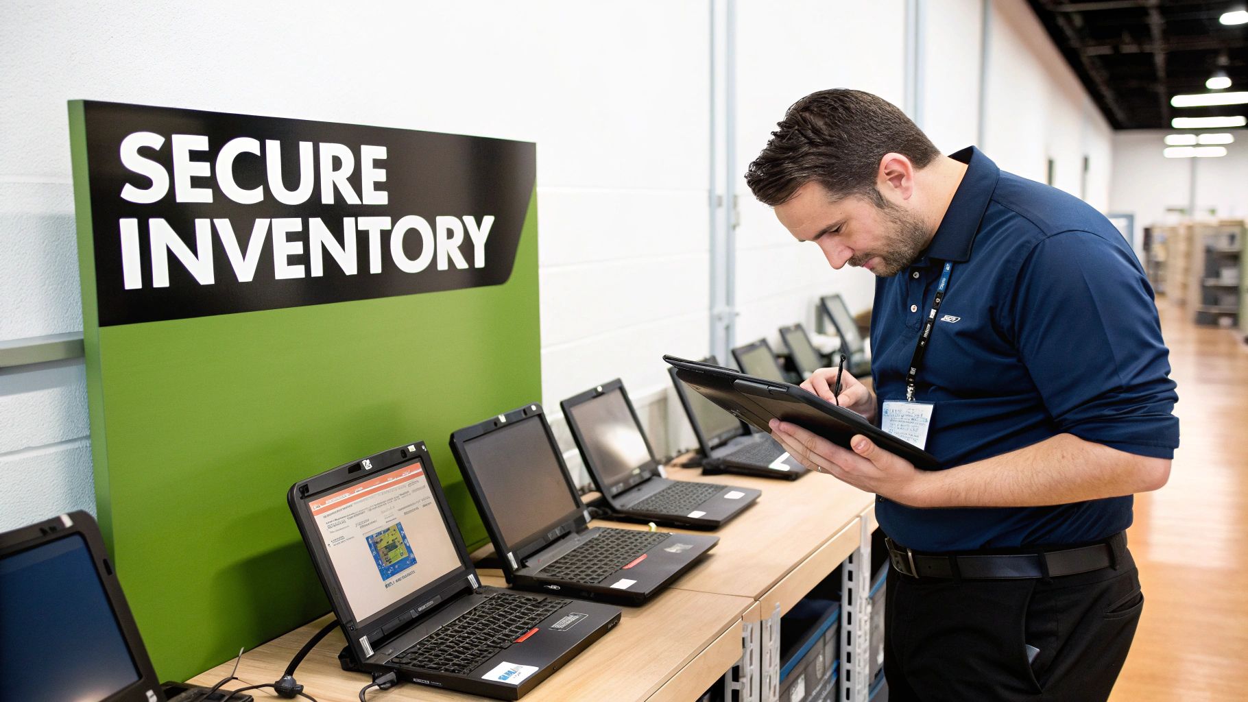 A man takes inventory of laptops next to a 'Secure Inventory' sign in an electronics facility.