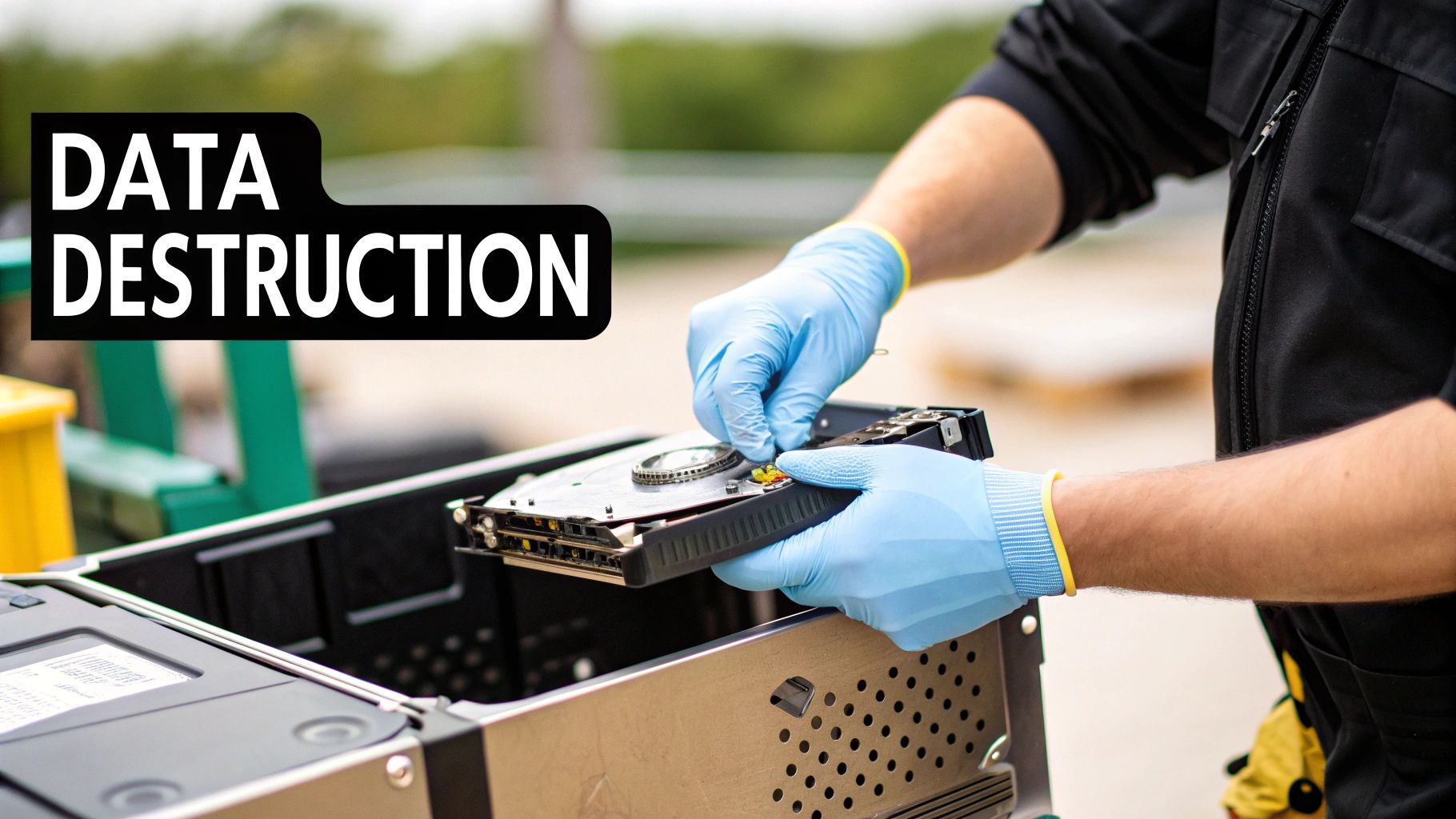 A machine shredding hard drives, with metal fragments visible, ensuring complete data destruction.