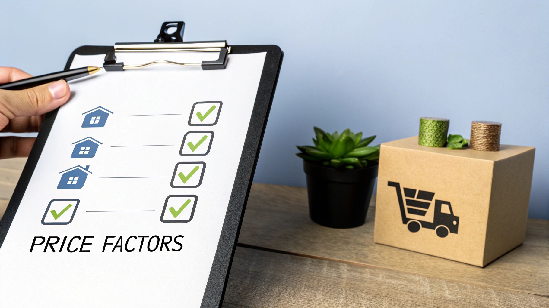 Workers loading office furniture and electronics into a junk removal truck.