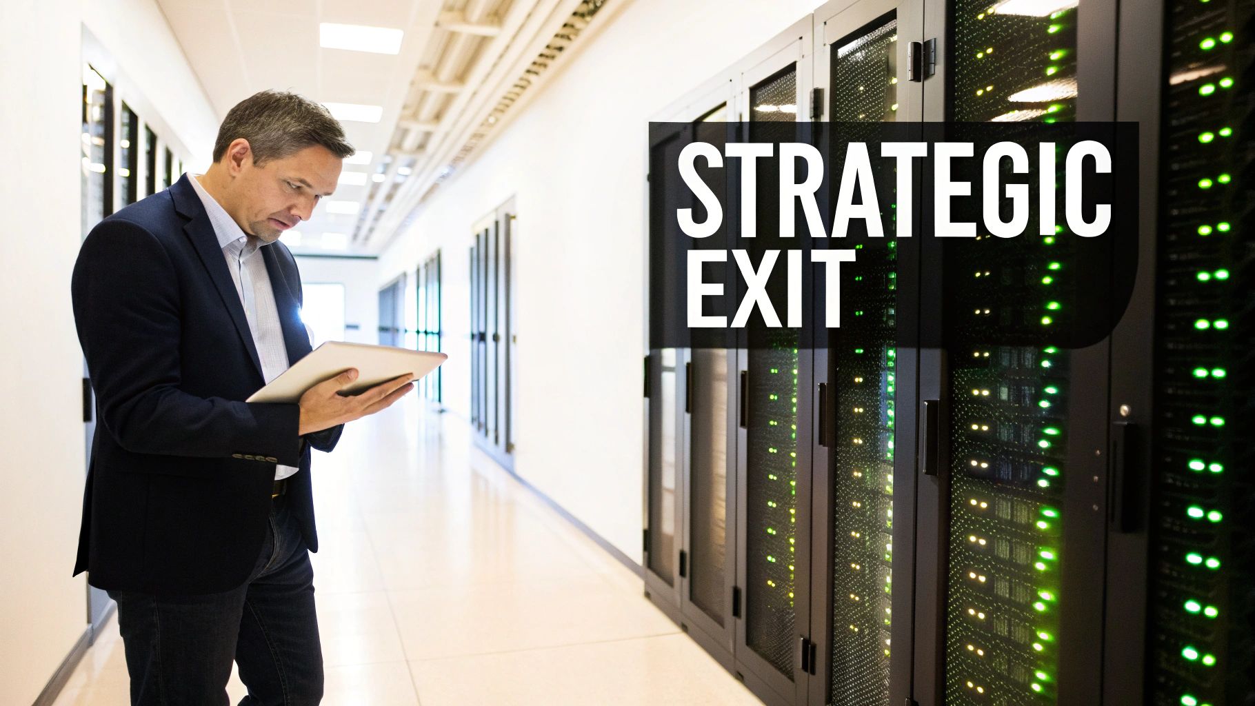 A man in a suit jacket looks at a tablet in a data center with server racks and 'Strategic Exit' text.