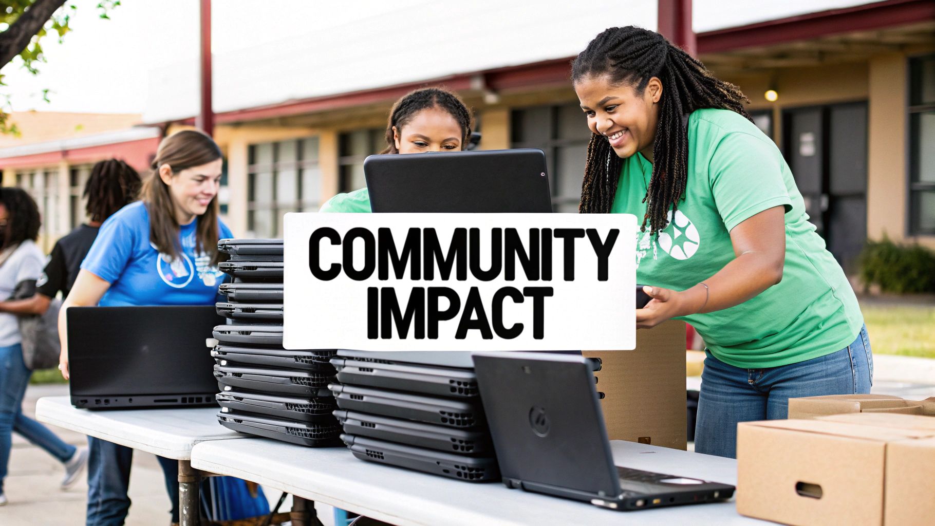 Volunteers distribute laptops at an outdoor community event, promoting digital inclusion and access.