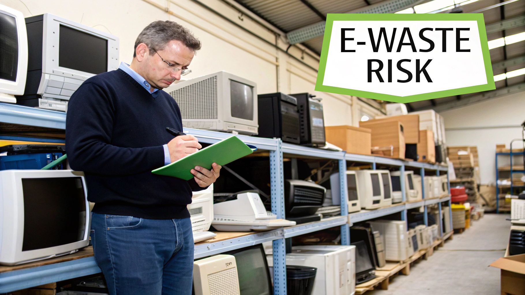 A man inspecting shelves of old electronic devices and e-waste in a warehouse.