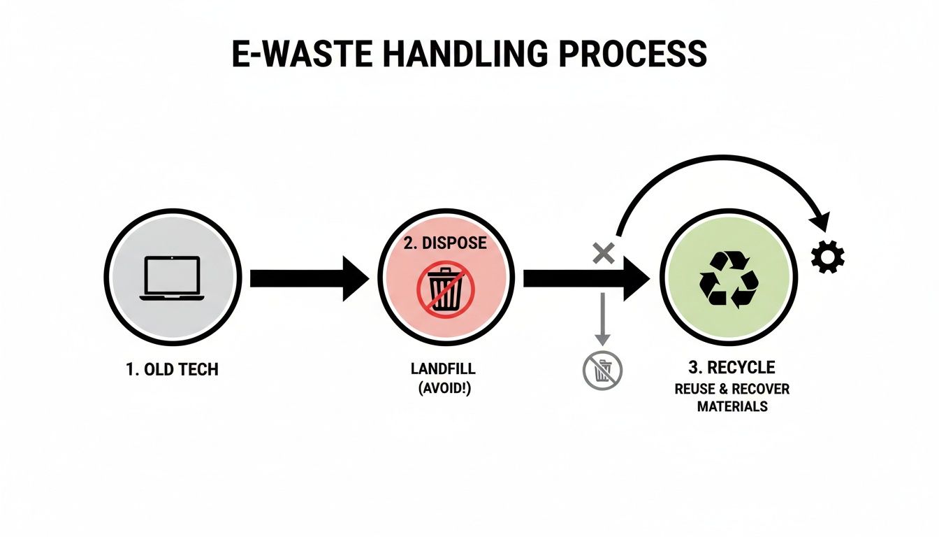Flowchart detailing the e-waste handling process, emphasizing recycling and material recovery.