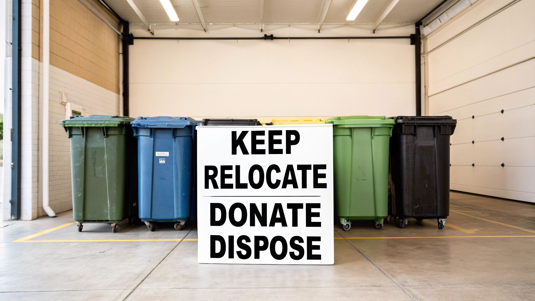 Four labeled bins for sorting items during a garage cleanout