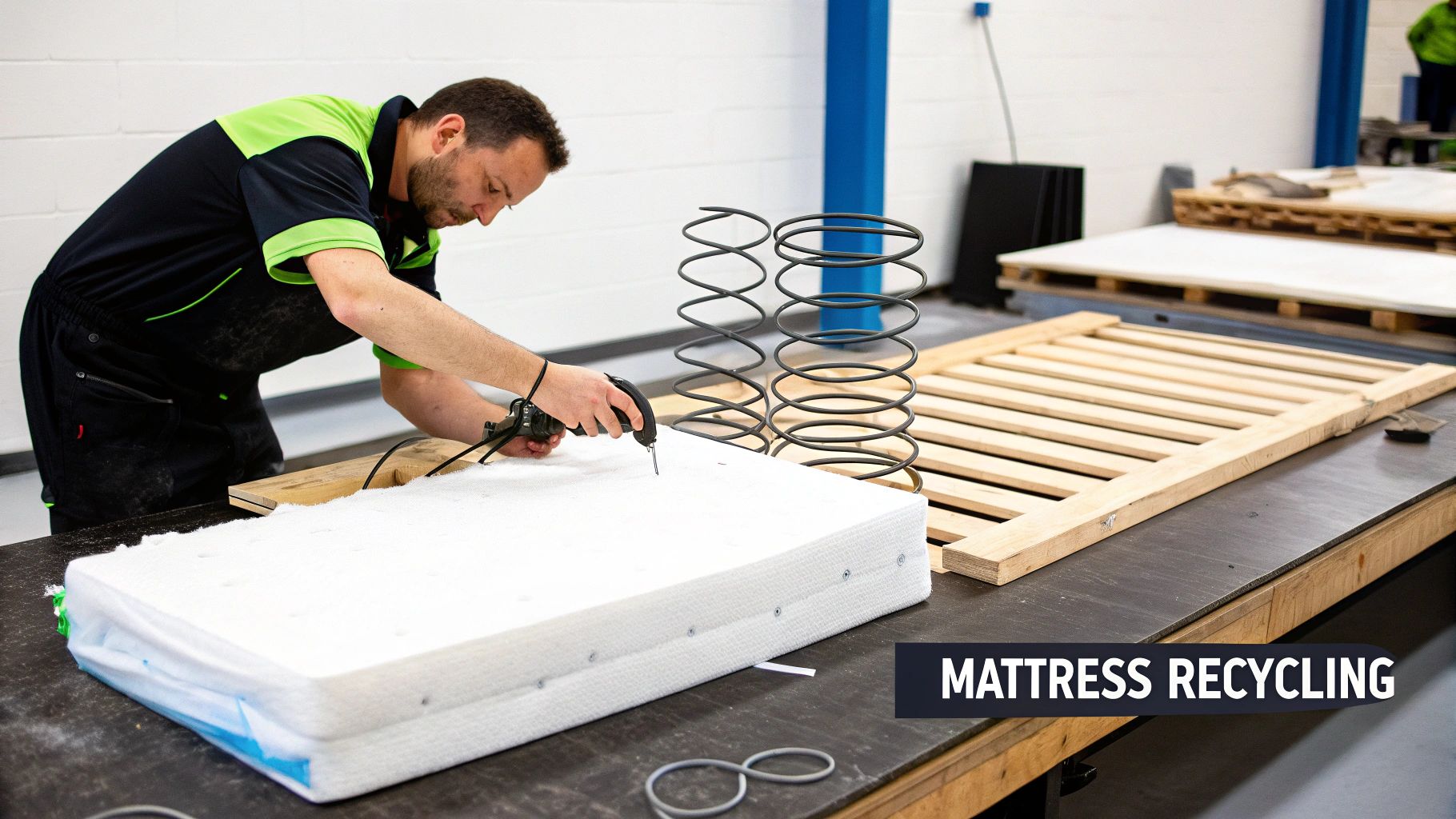 A pile of disassembled mattress parts, including springs and foam, ready for recycling