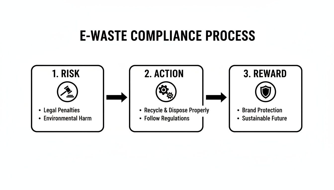 A three-step diagram outlining the E-waste compliance process: Risk, Action, and Reward.