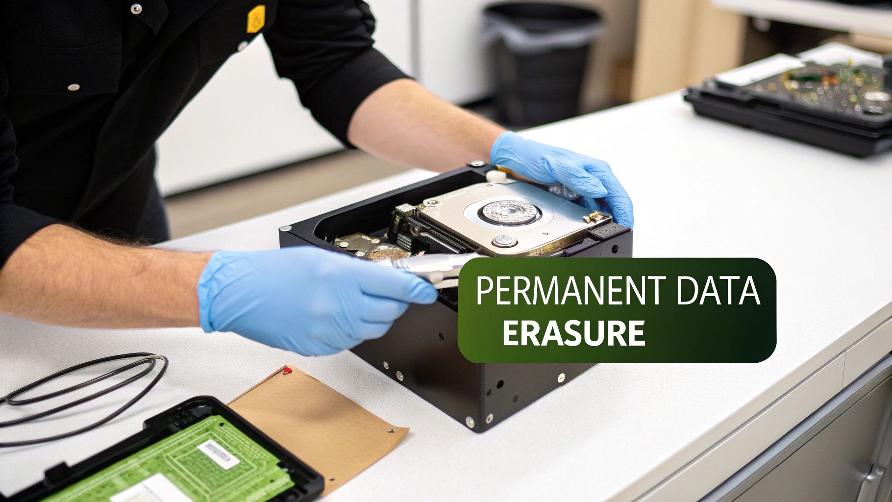 Person in blue gloves disassembling a hard drive for permanent data erasure.