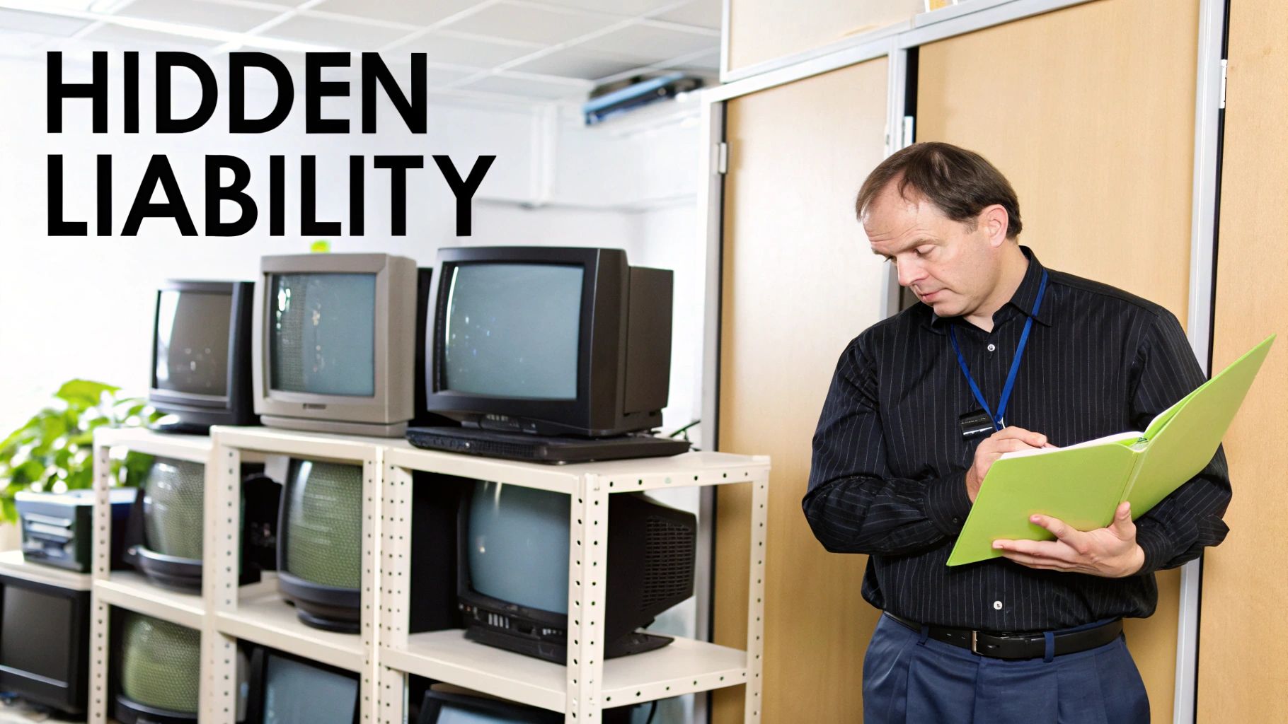 A man in a black shirt inspects shelves of old CRT monitors, representing e-waste or hidden liability.