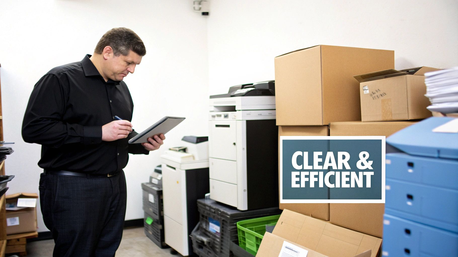 Man using a tablet in an office environment with stacks of boxes, printers, and storage.