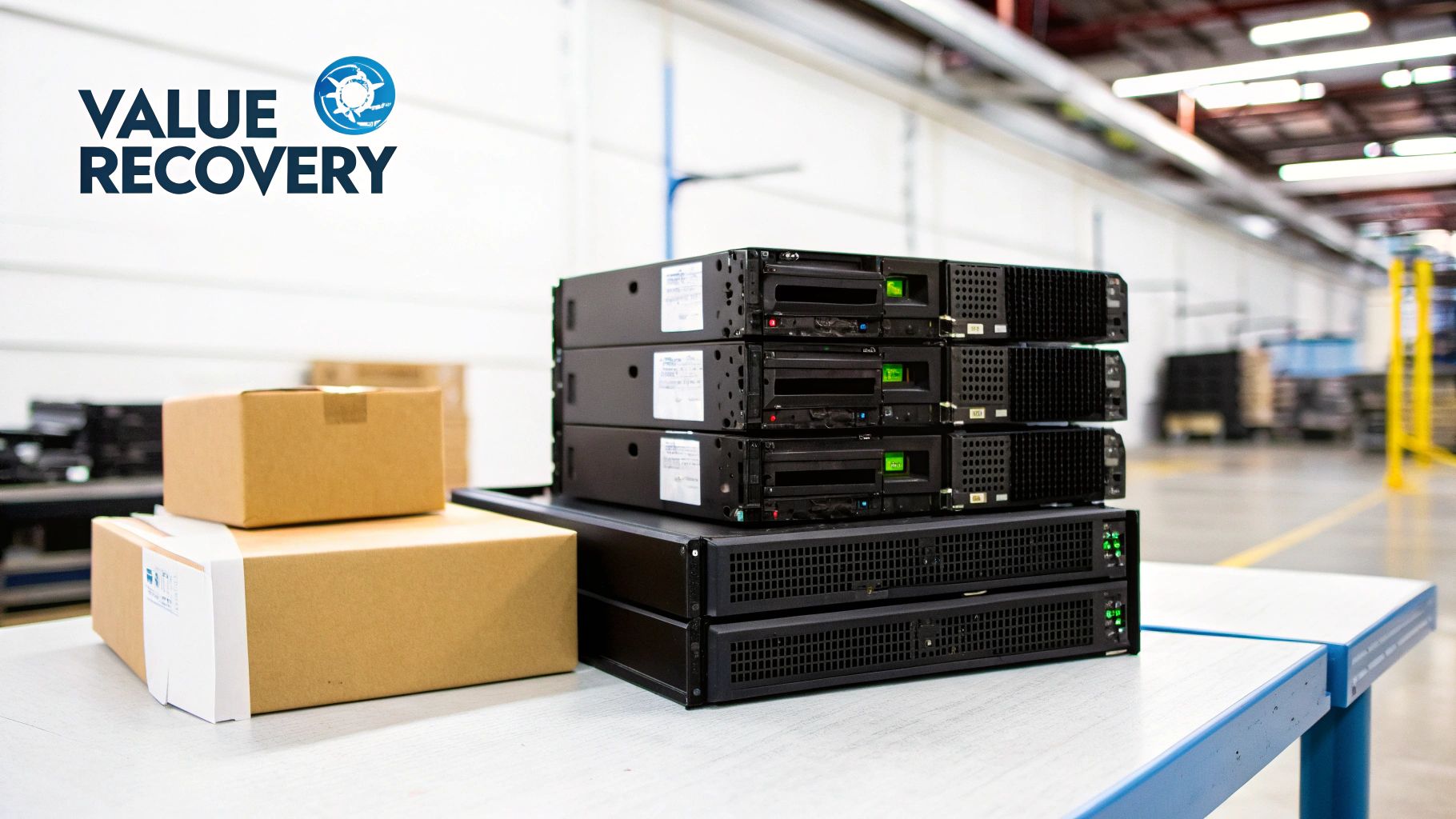 Stack of black IT servers and tape drives next to cardboard boxes in an asset recovery warehouse.