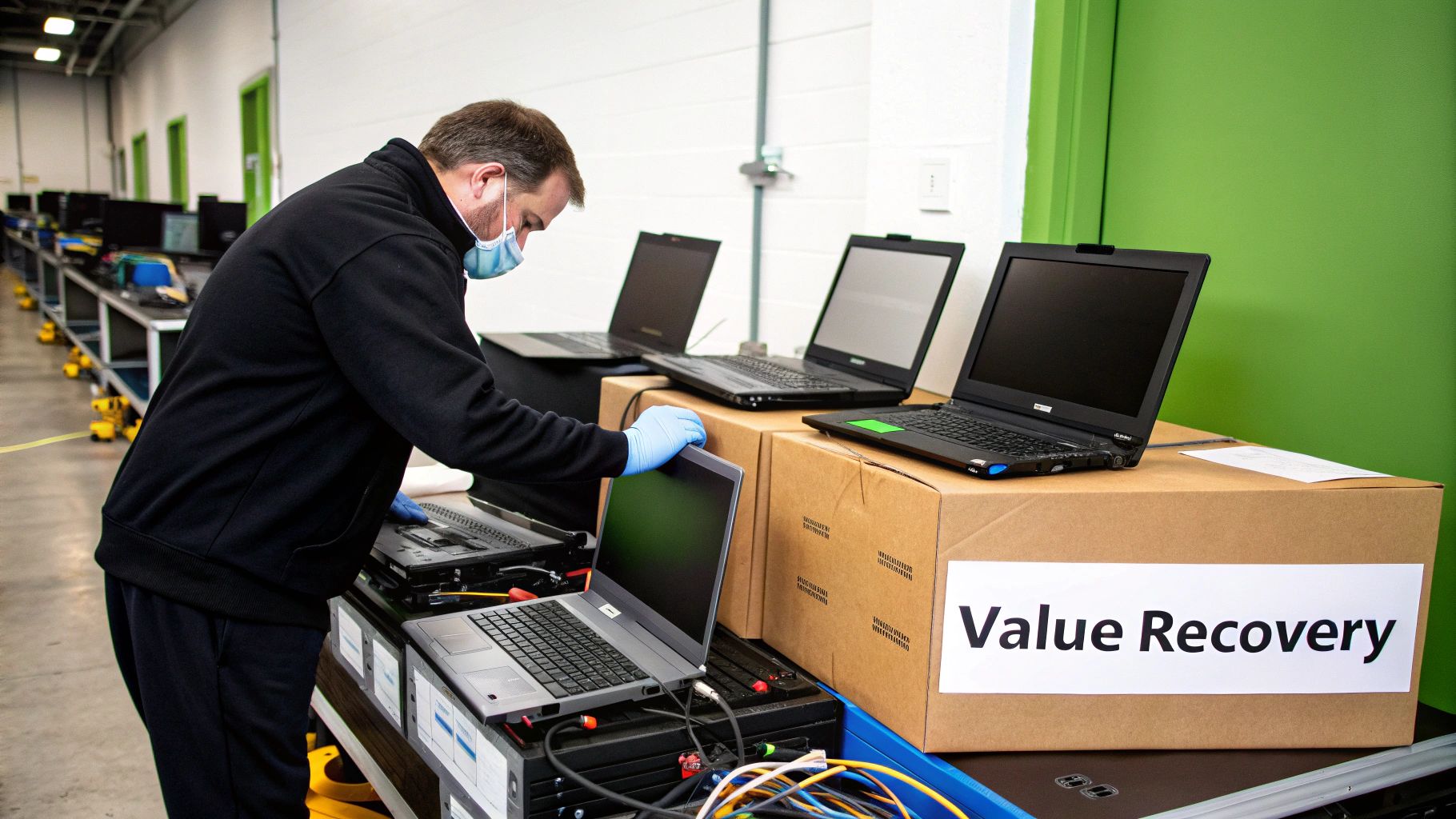 Man in mask and gloves processes laptops for value recovery in an ITAD facility.