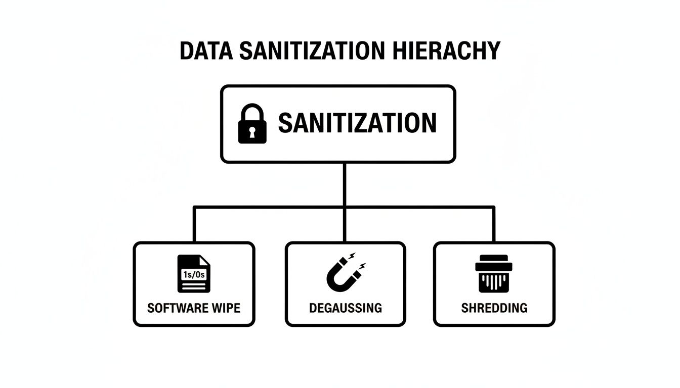 Hierarchy diagram showing data sanitization methods: software wipe, degaussing, and shredding for secure data destruction.