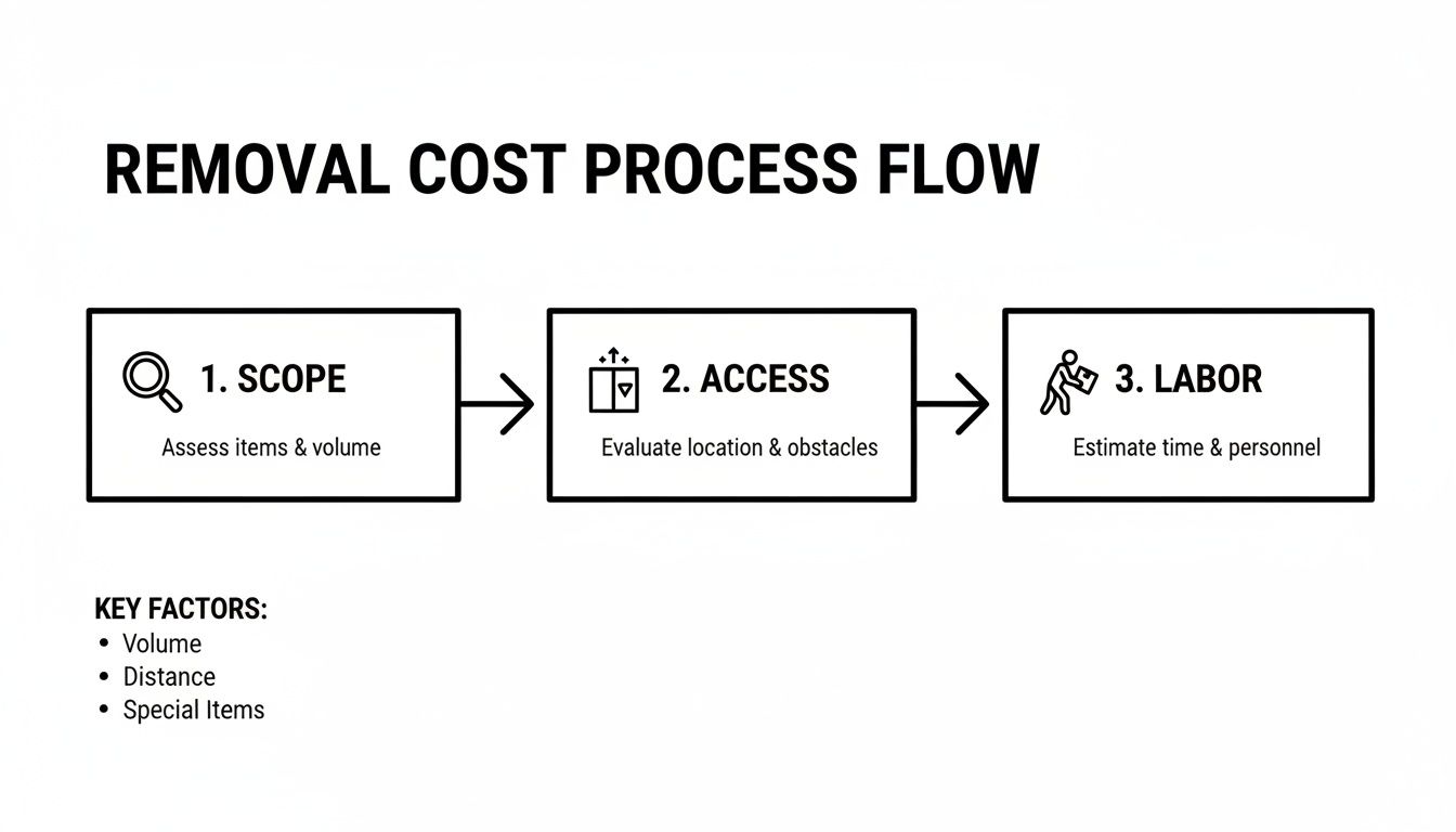 Diagram showing the removal cost process flow: scope, access, and labor, plus key influencing factors.