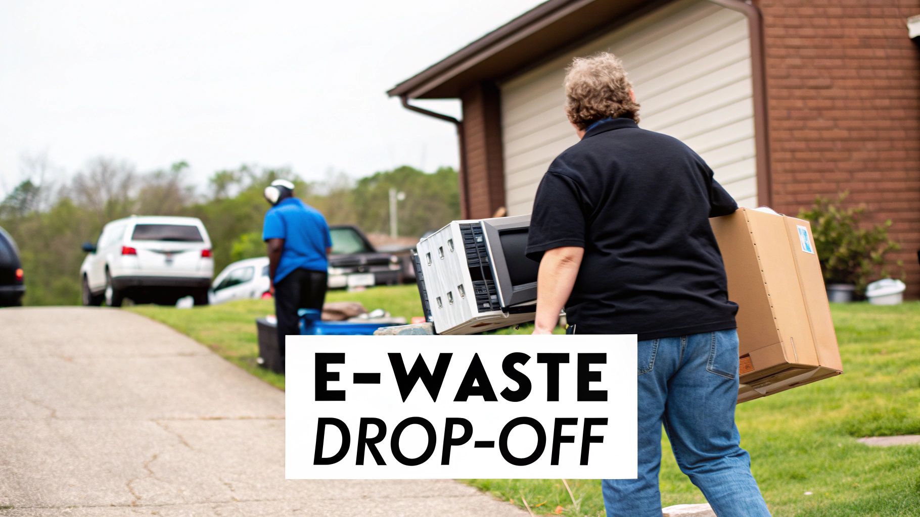 A person sorting various hard-to-recycle items like batteries and paint cans into separate containers.