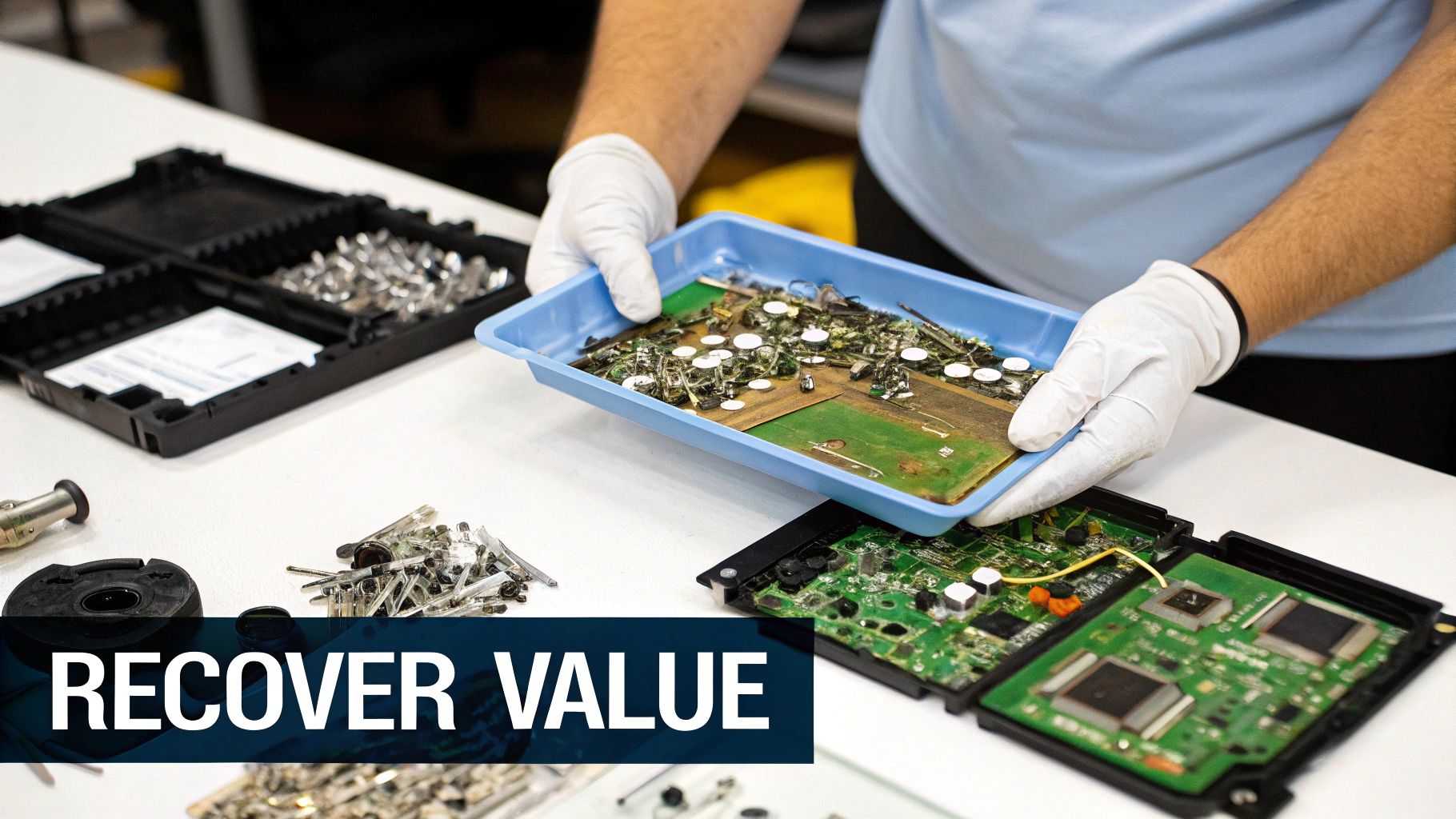 Gloved hands sort electronic components and circuit board scraps from a blue tray for recycling.