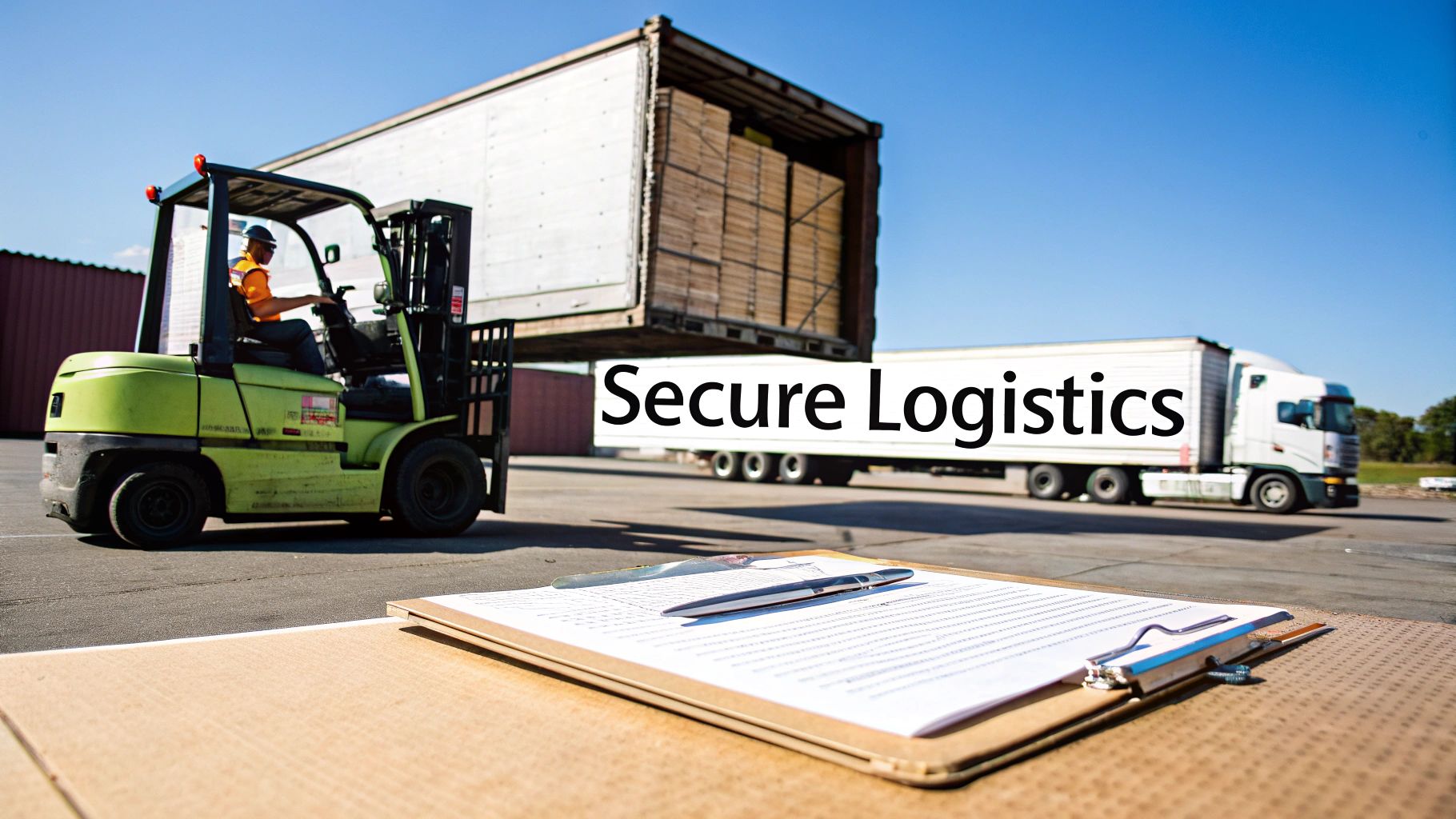 A forklift loads a shipping container with wooden crates, highlighting secure logistics operations.