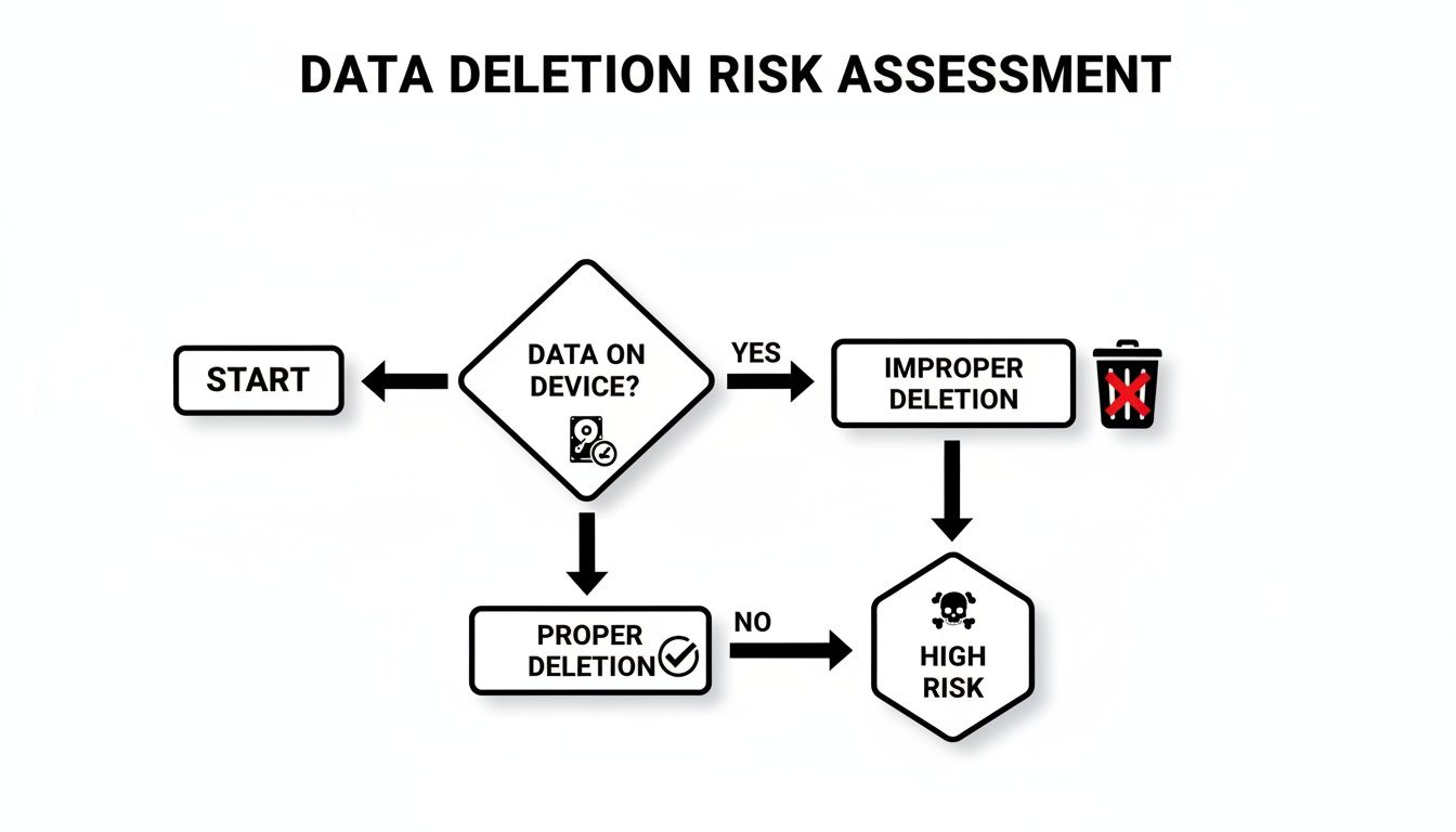 A flowchart for data deletion risk assessment, outlining steps from data presence to proper or improper deletion and high risk.